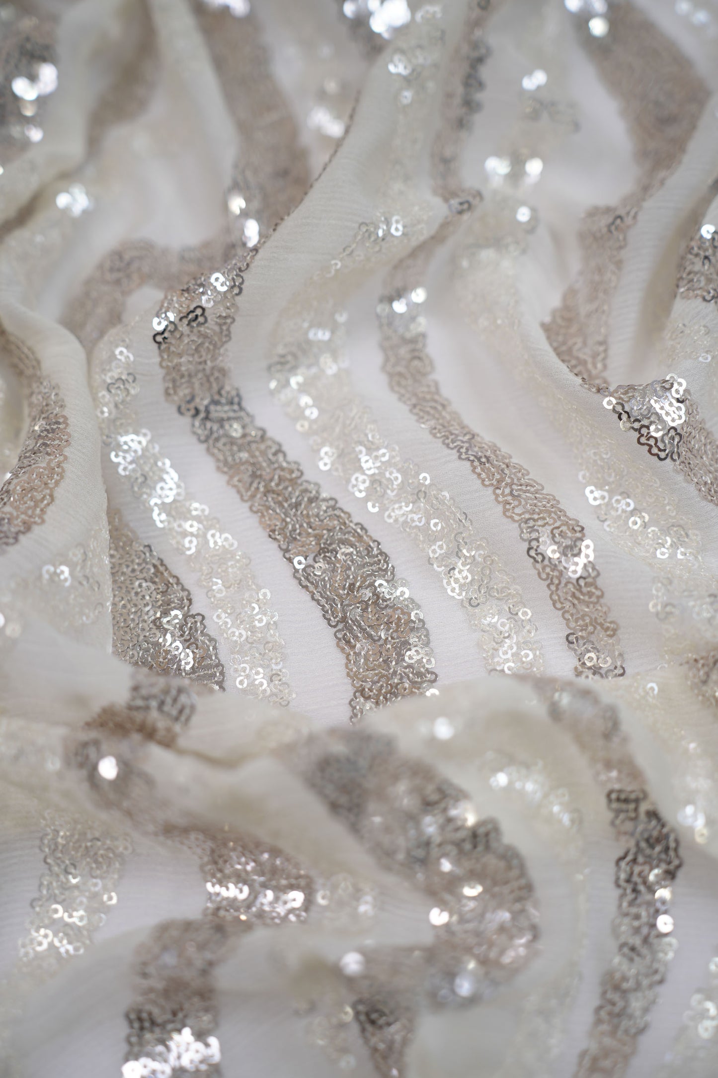 Silver Wave Symphony Sequin Striped Viscose Georgette Fabric