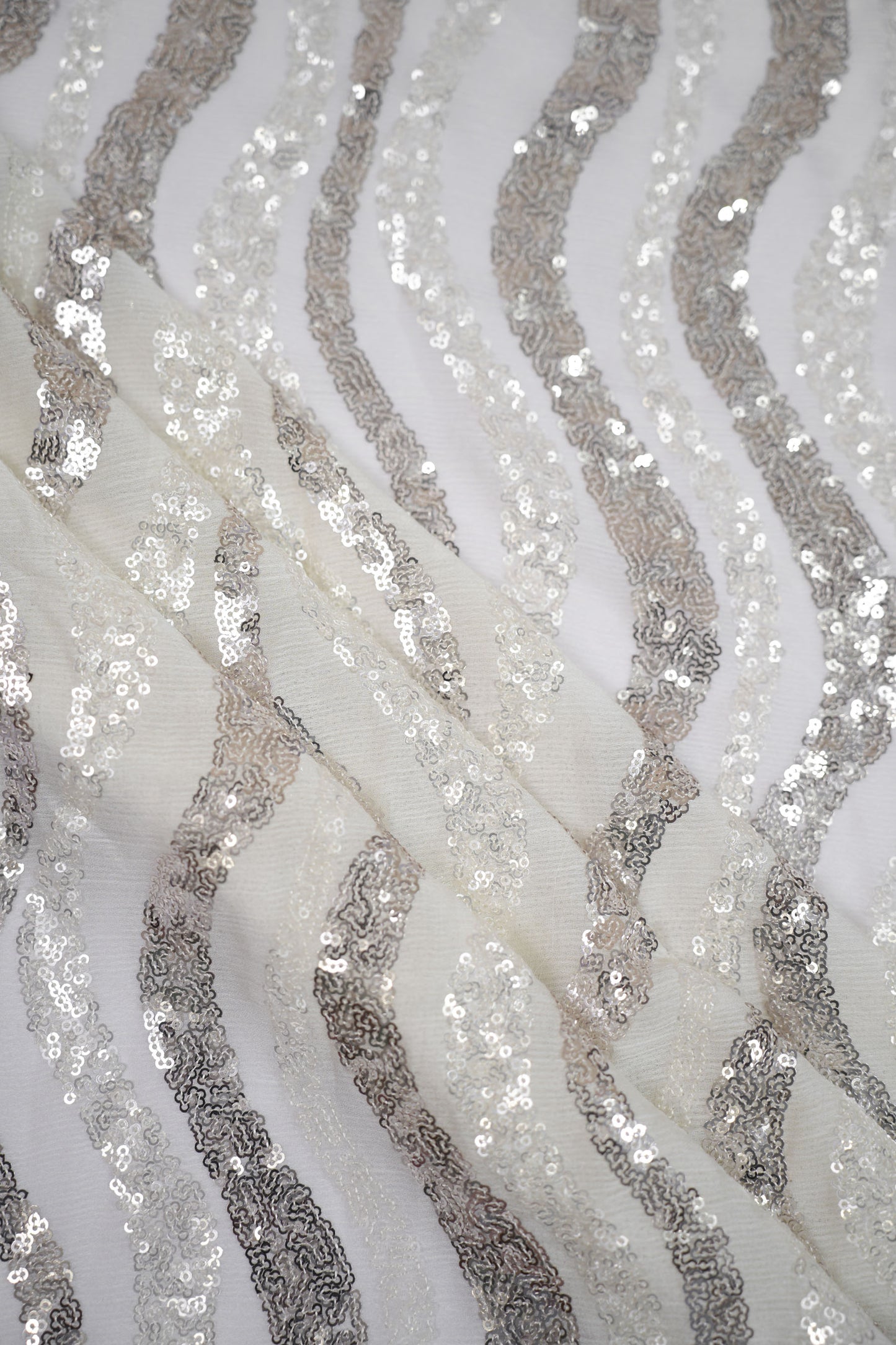 Silver Wave Symphony Sequin Striped Viscose Georgette Fabric