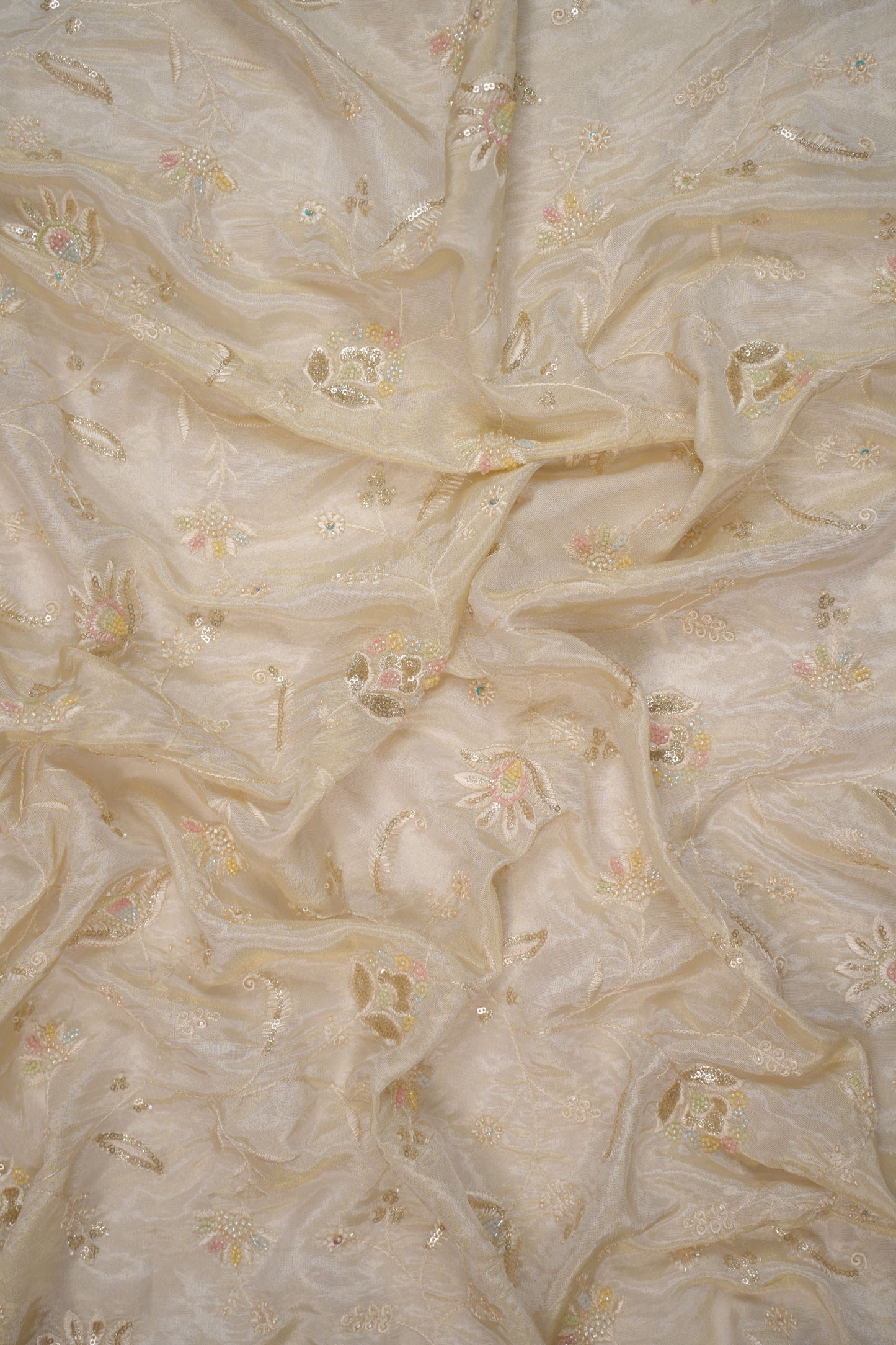 Ethereal Petal Pastel Embroidery Tissue Fabric with Sequins
