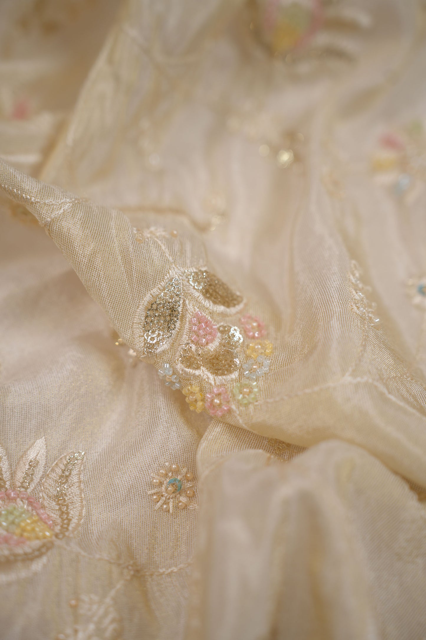 Ethereal Petal Pastel Embroidery Tissue Fabric with Sequins