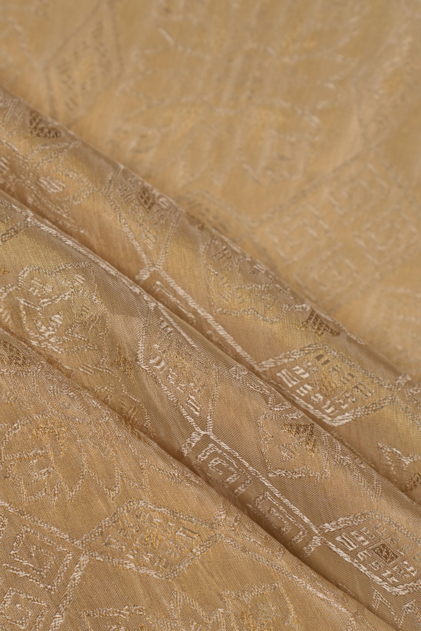 Pure Tanchoi Silk Floral Fabric with Ornate Geometric Design and Lustrous Finish