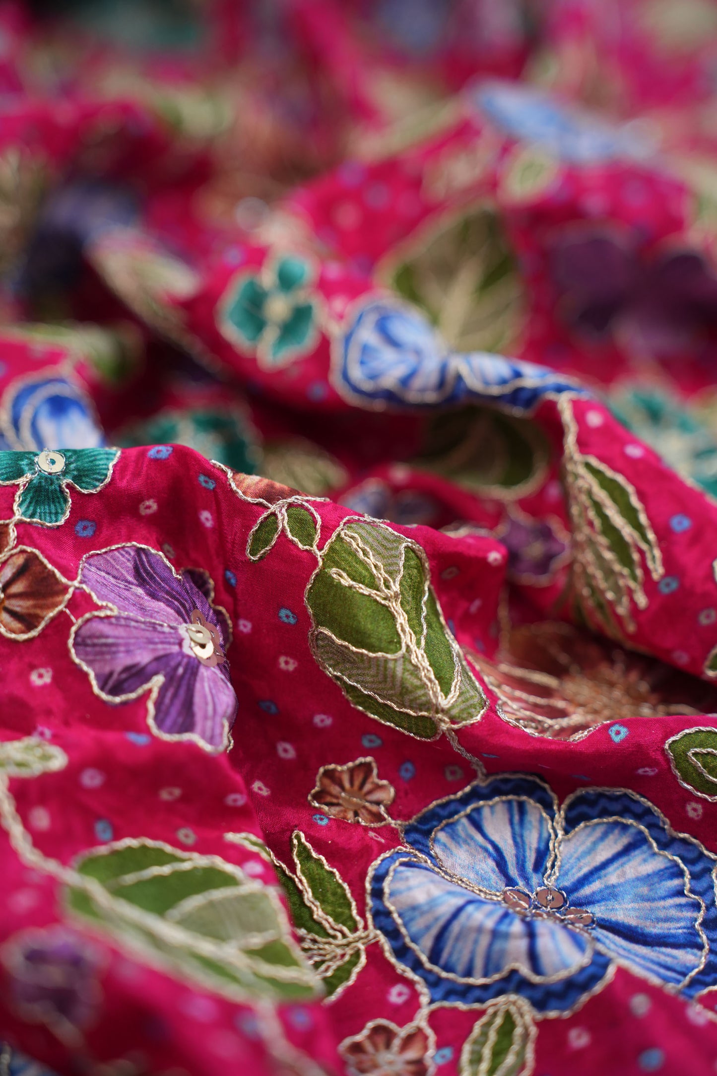 Red Floral Embroidered Crepe Fabric