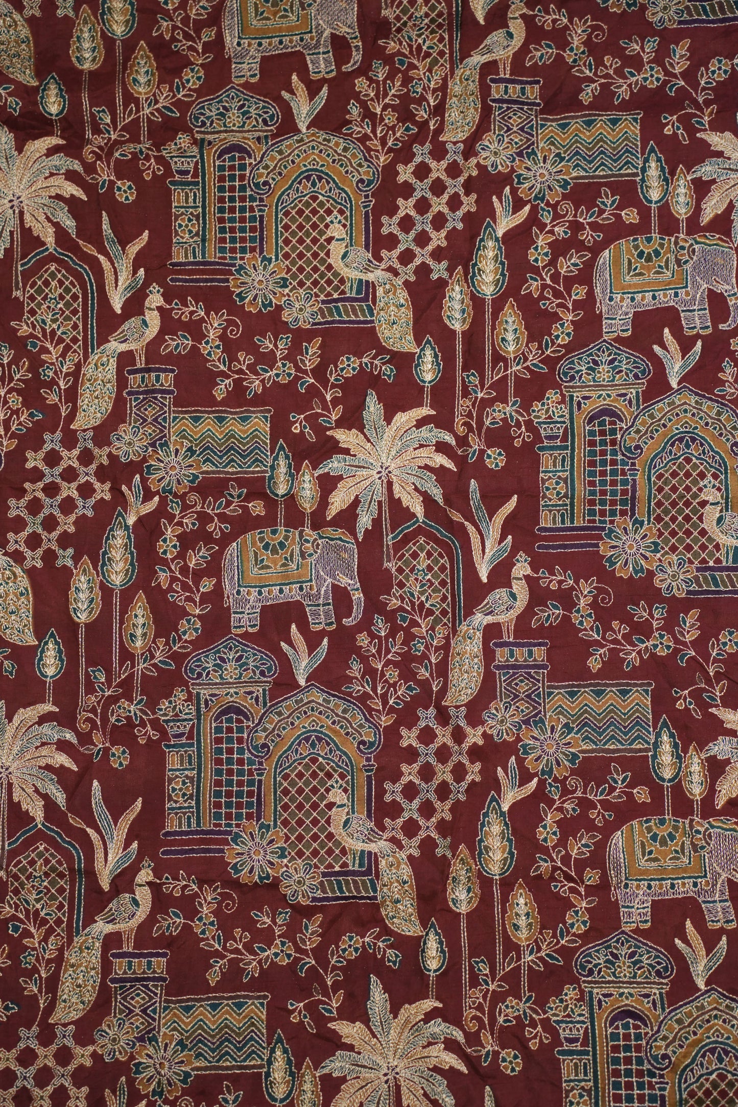 Red Majestic Meadow Viscose Chinon Embroidered Fabric