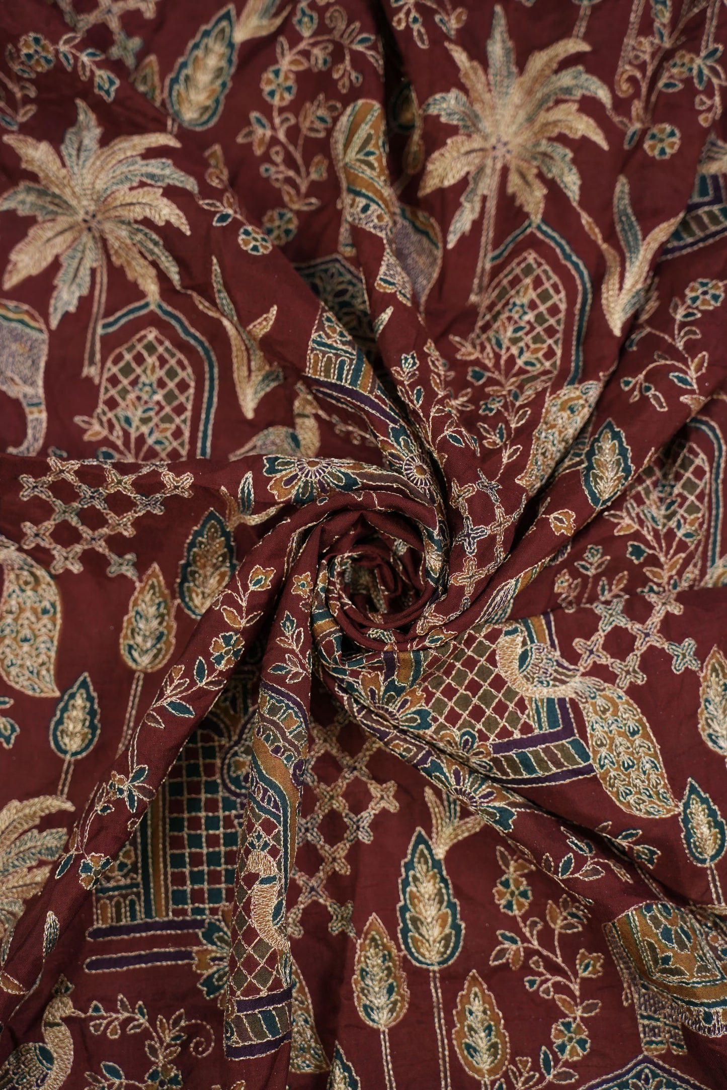 Red Majestic Meadow Viscose Chinon Embroidered Fabric