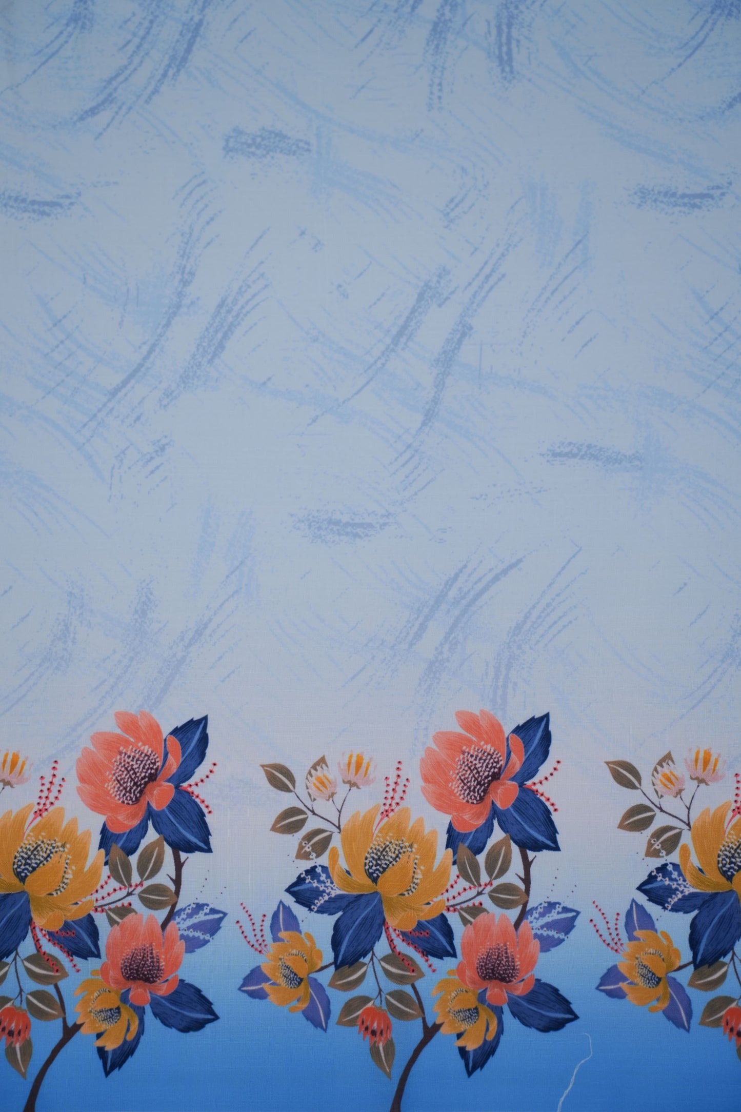 Azure Bloom Blue Linen Floral Printed Fabric