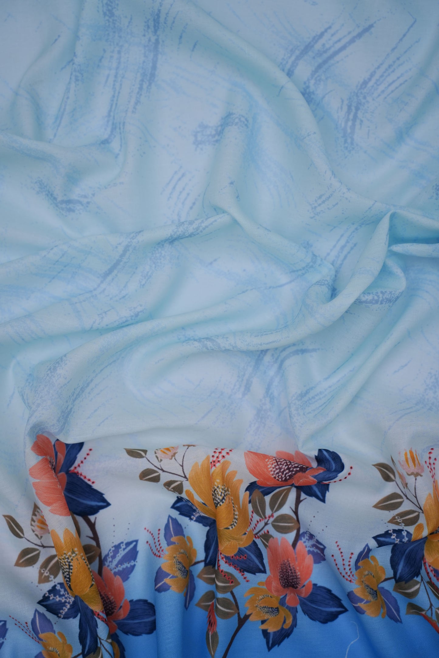 Azure Bloom Blue Linen Floral Printed Fabric