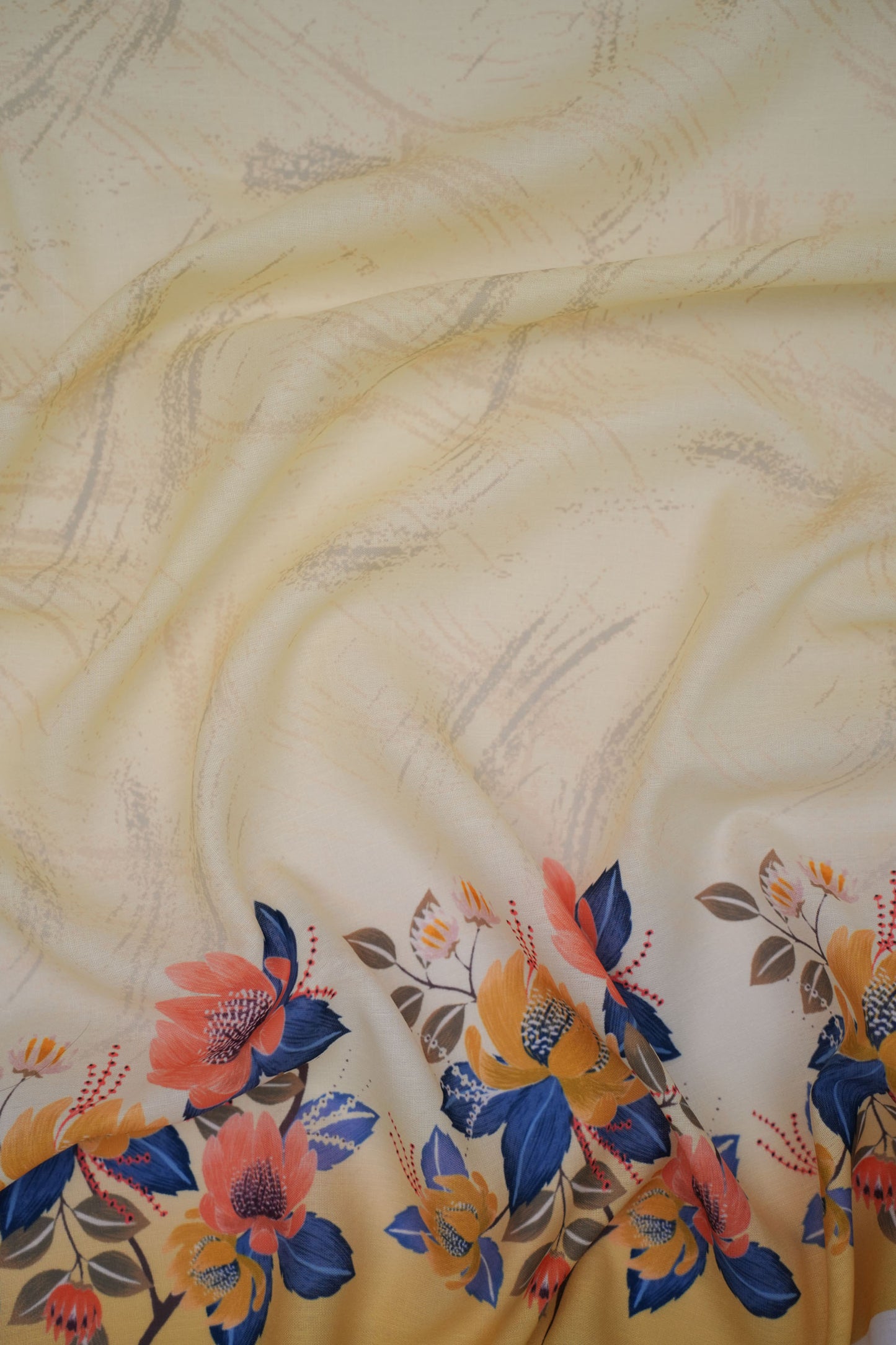 Azure Bloom Yellow Linen Floral Printed Fabric