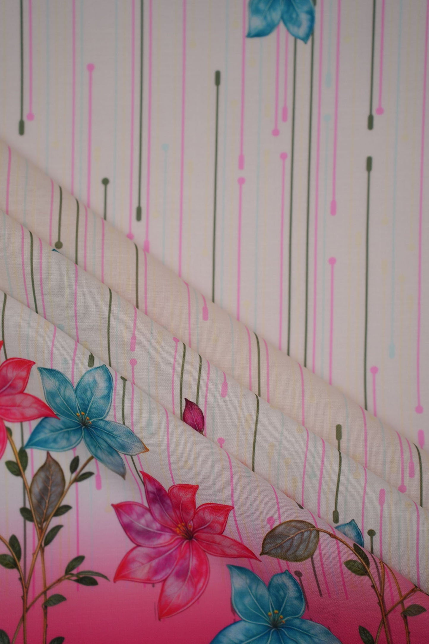 Bloomfall Pink Linen Floral Printed Fabric