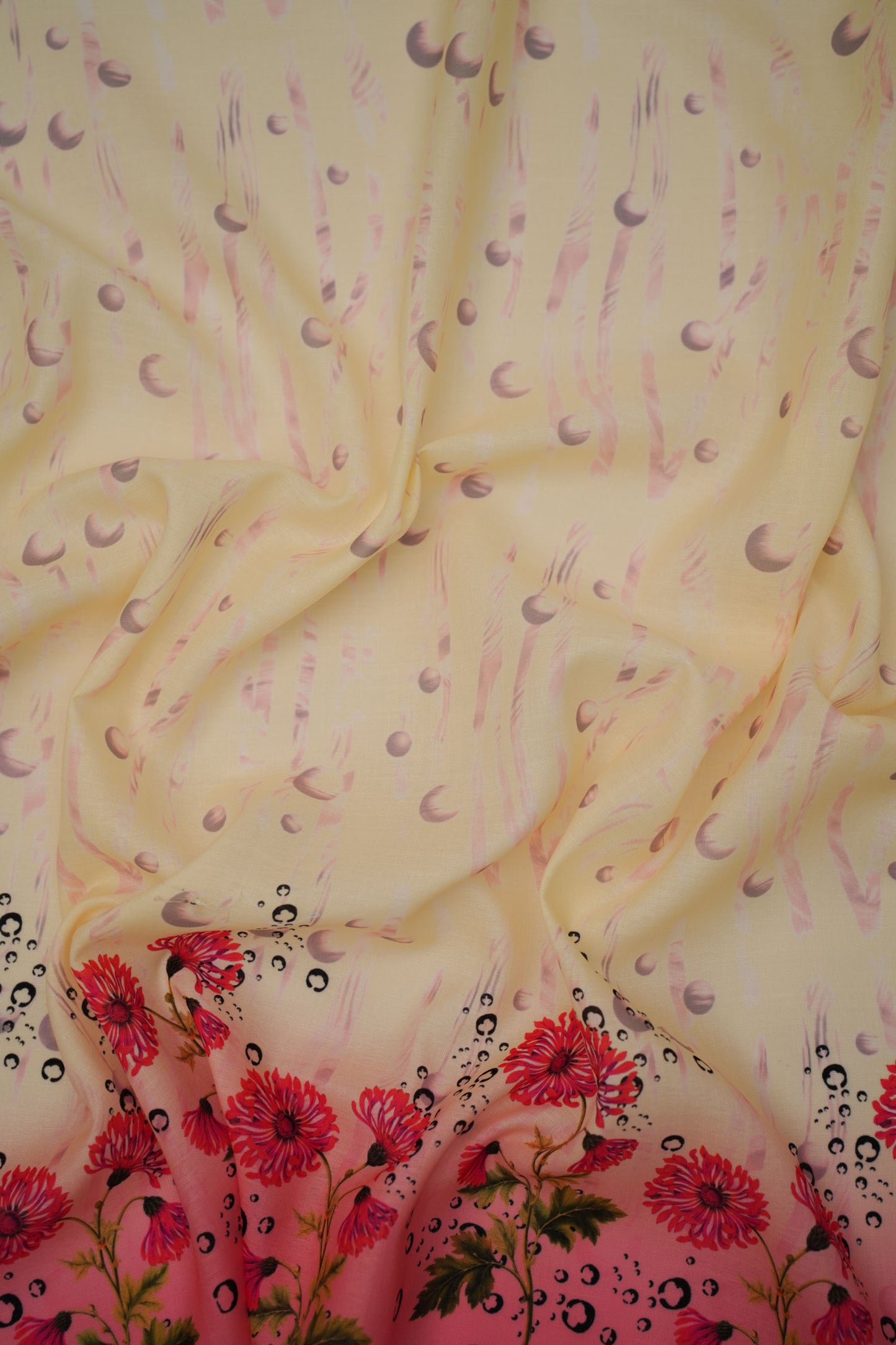 Coral Chrysanthemum Pink Linen Floral Printed Fabric