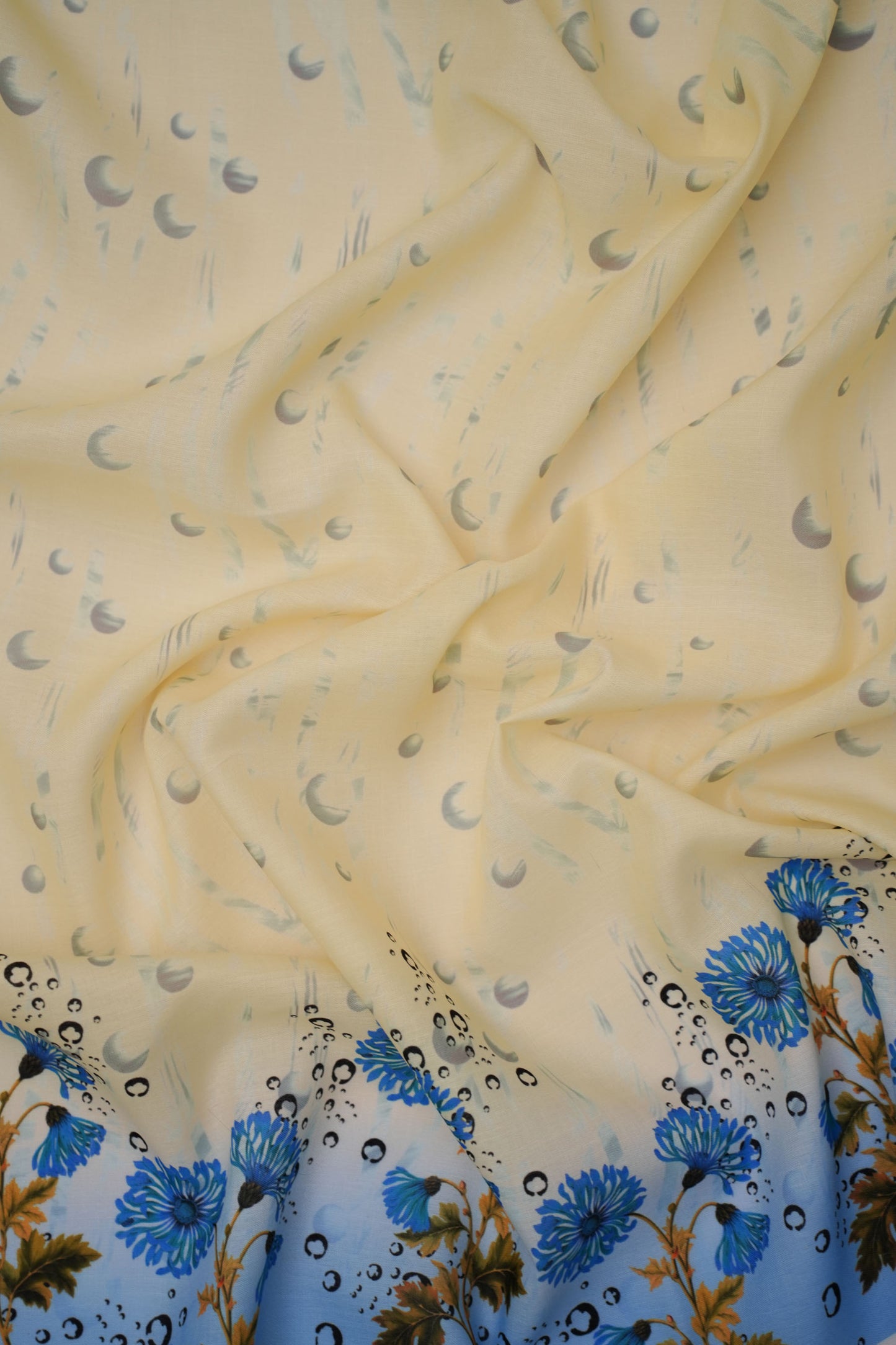 Coral Chrysanthemum Blue Linen Floral Printed Fabric