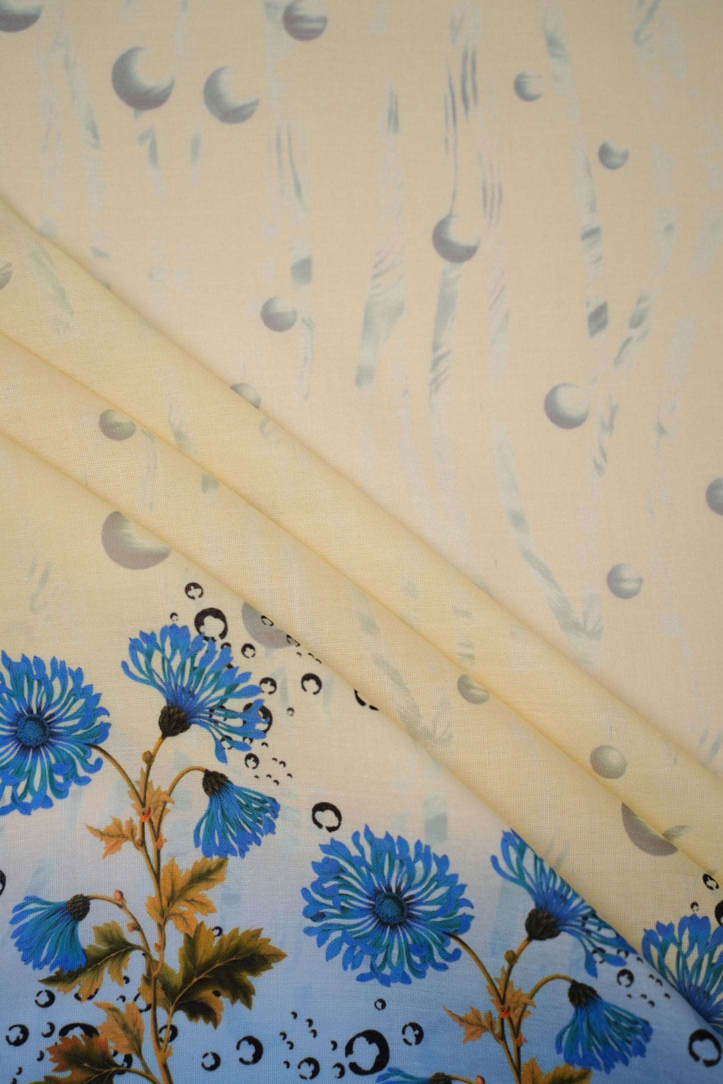 Coral Chrysanthemum Blue Linen Floral Printed Fabric