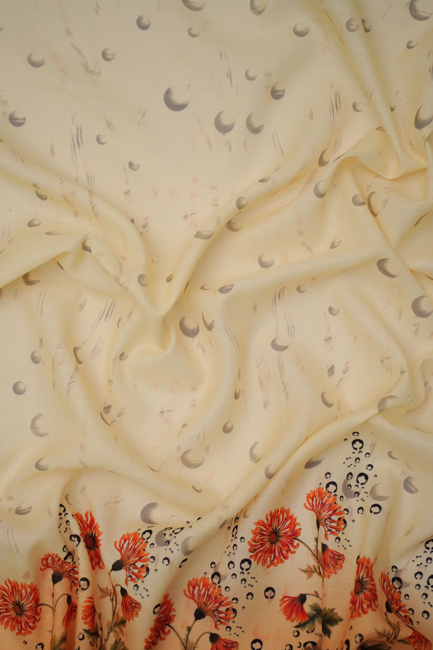 Coral Chrysanthemum Yellow Linen Floral Printed Fabric