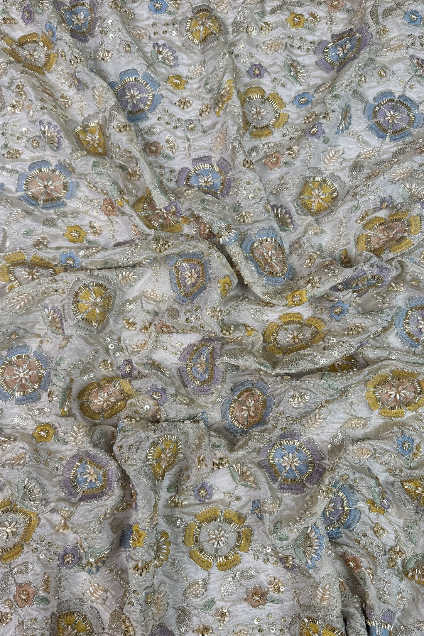 Pastel Floral Embroidered Sequin Tissue Fabric