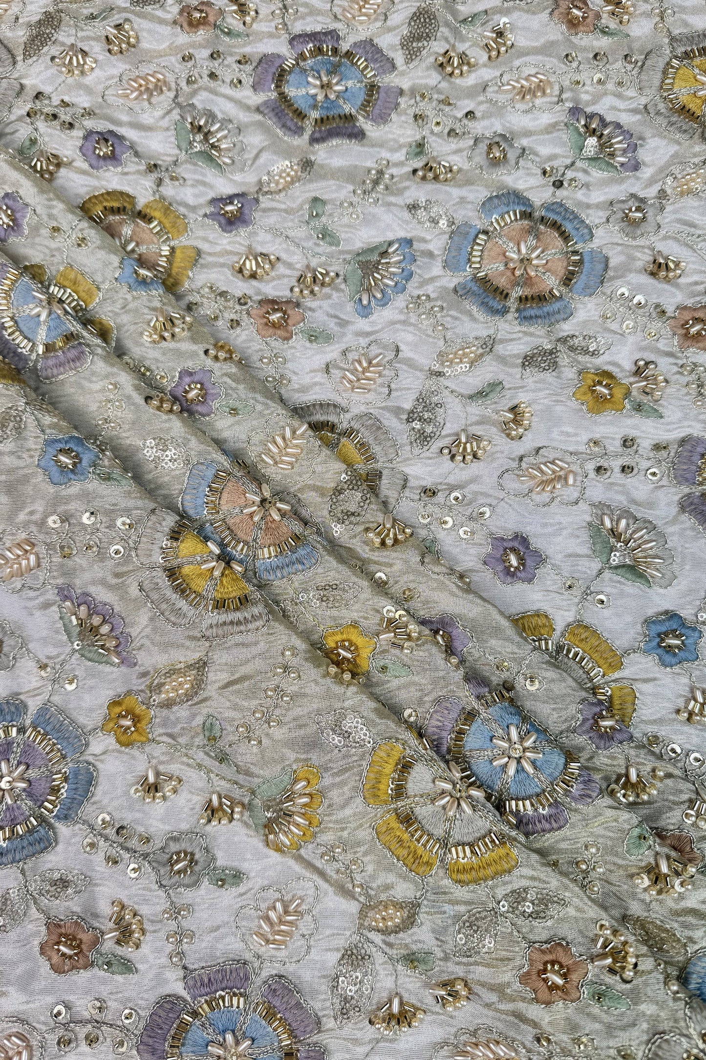 Pastel Floral Embroidered Sequin Tissue Fabric