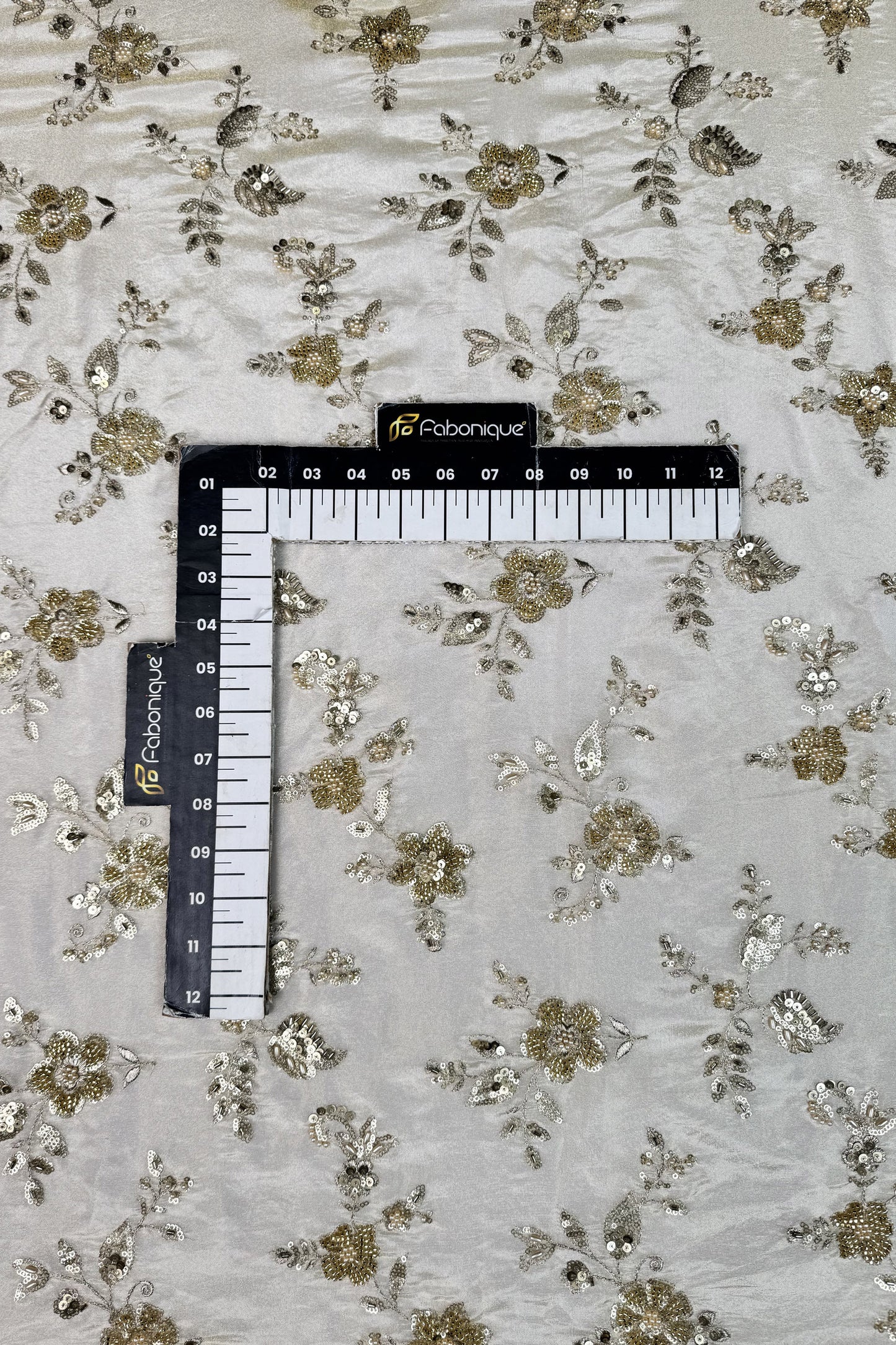 Champagne Gold Floral Hand-Embroidered Tissue Fabric with Sequins & Beads