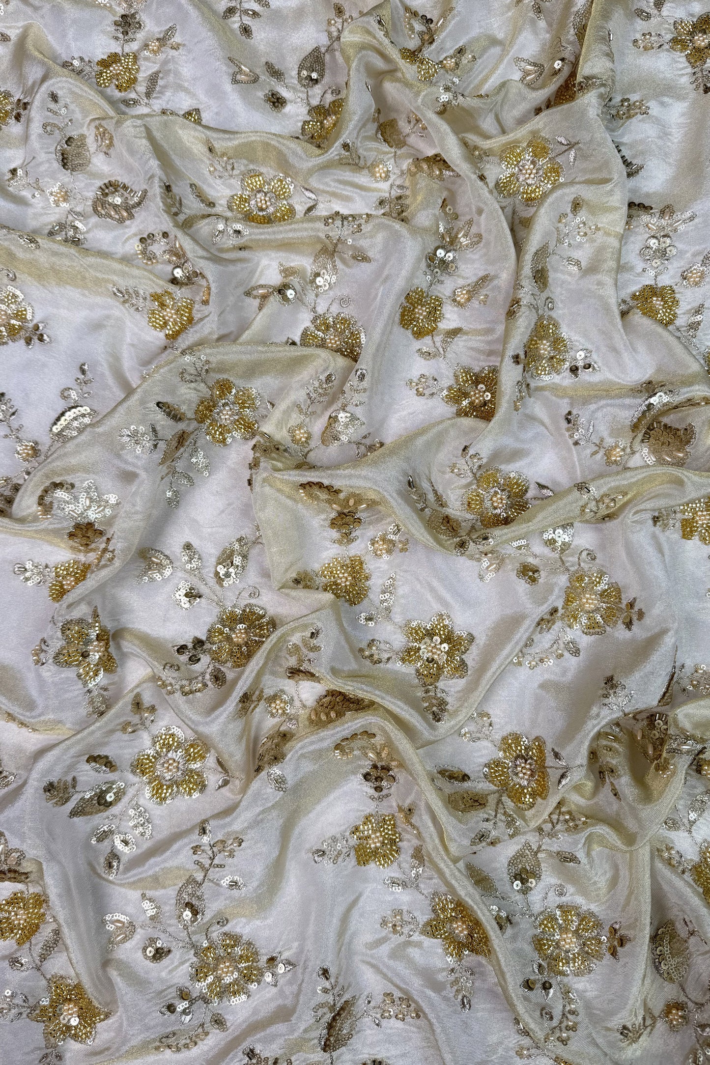 Champagne Gold Floral Hand-Embroidered Tissue Fabric with Sequins & Beads