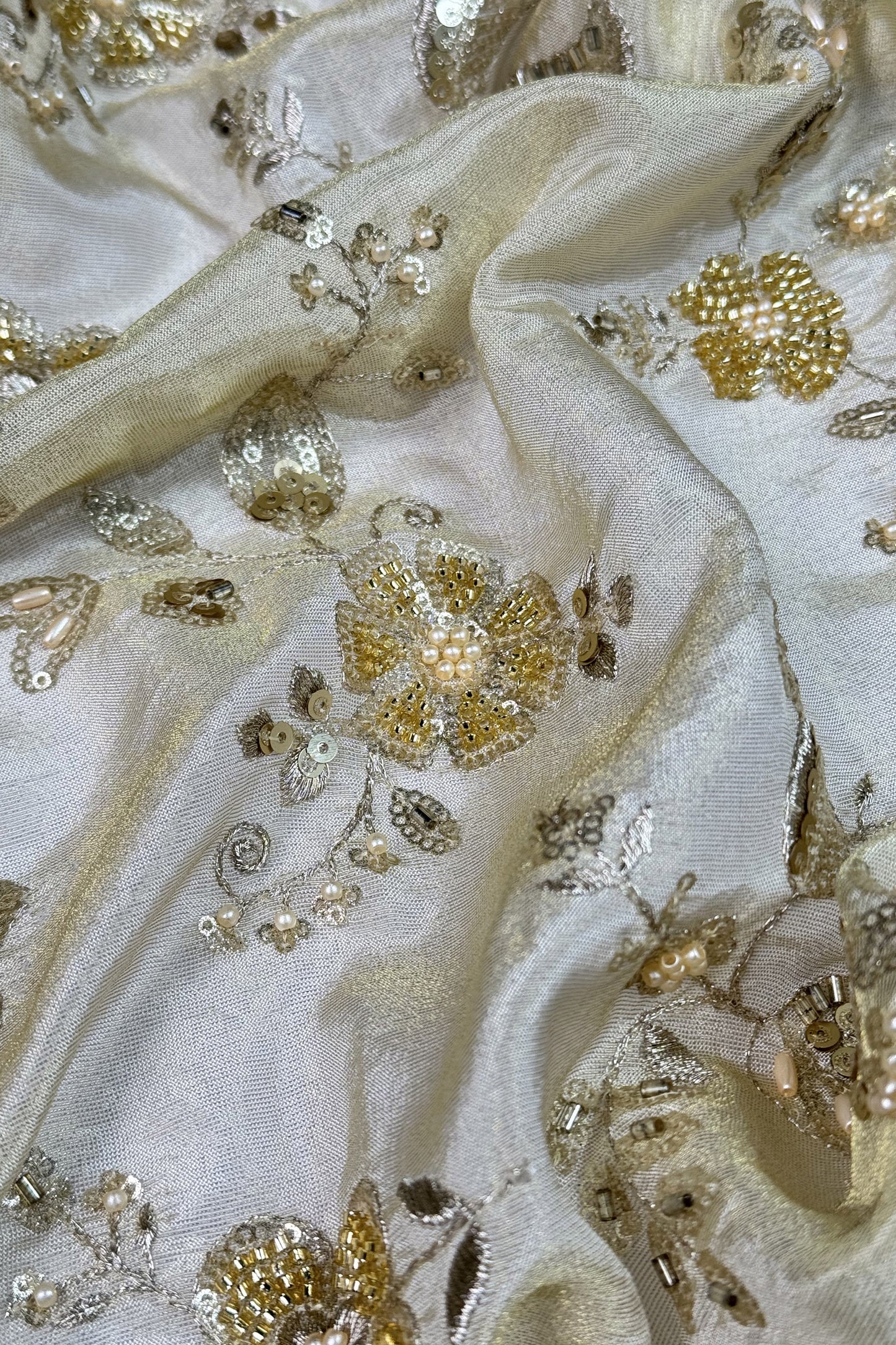 Champagne Gold Floral Hand-Embroidered Tissue Fabric with Sequins & Beads