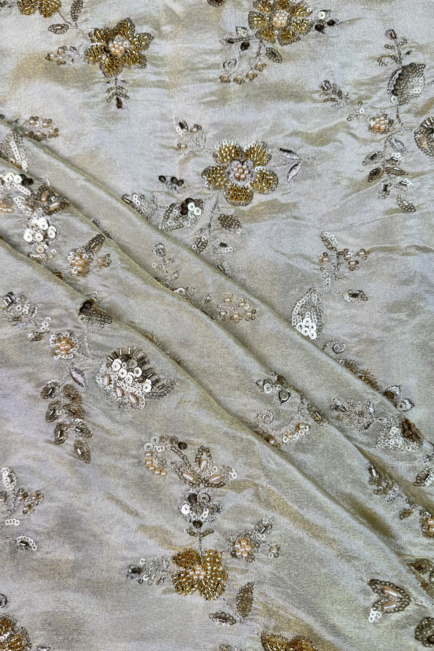 Champagne Gold Floral Hand-Embroidered Tissue Fabric with Sequins & Beads