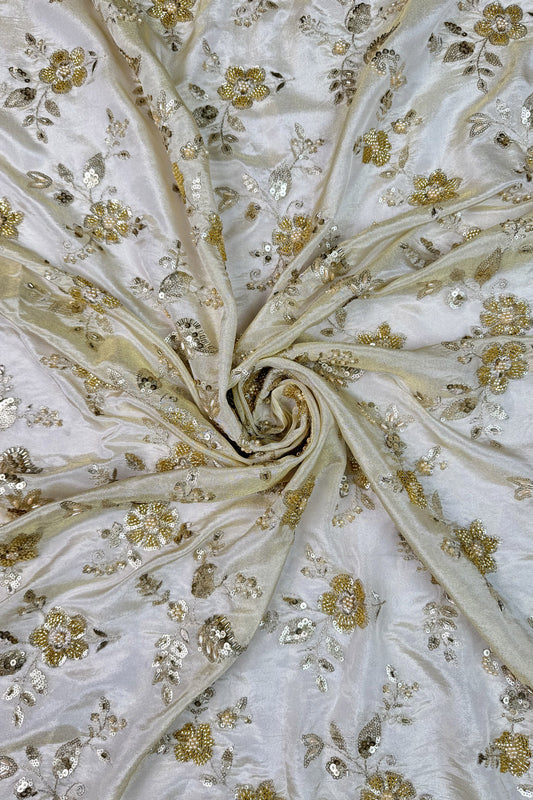 Champagne Gold Floral Hand-Embroidered Tissue Fabric with Sequins & Beads
