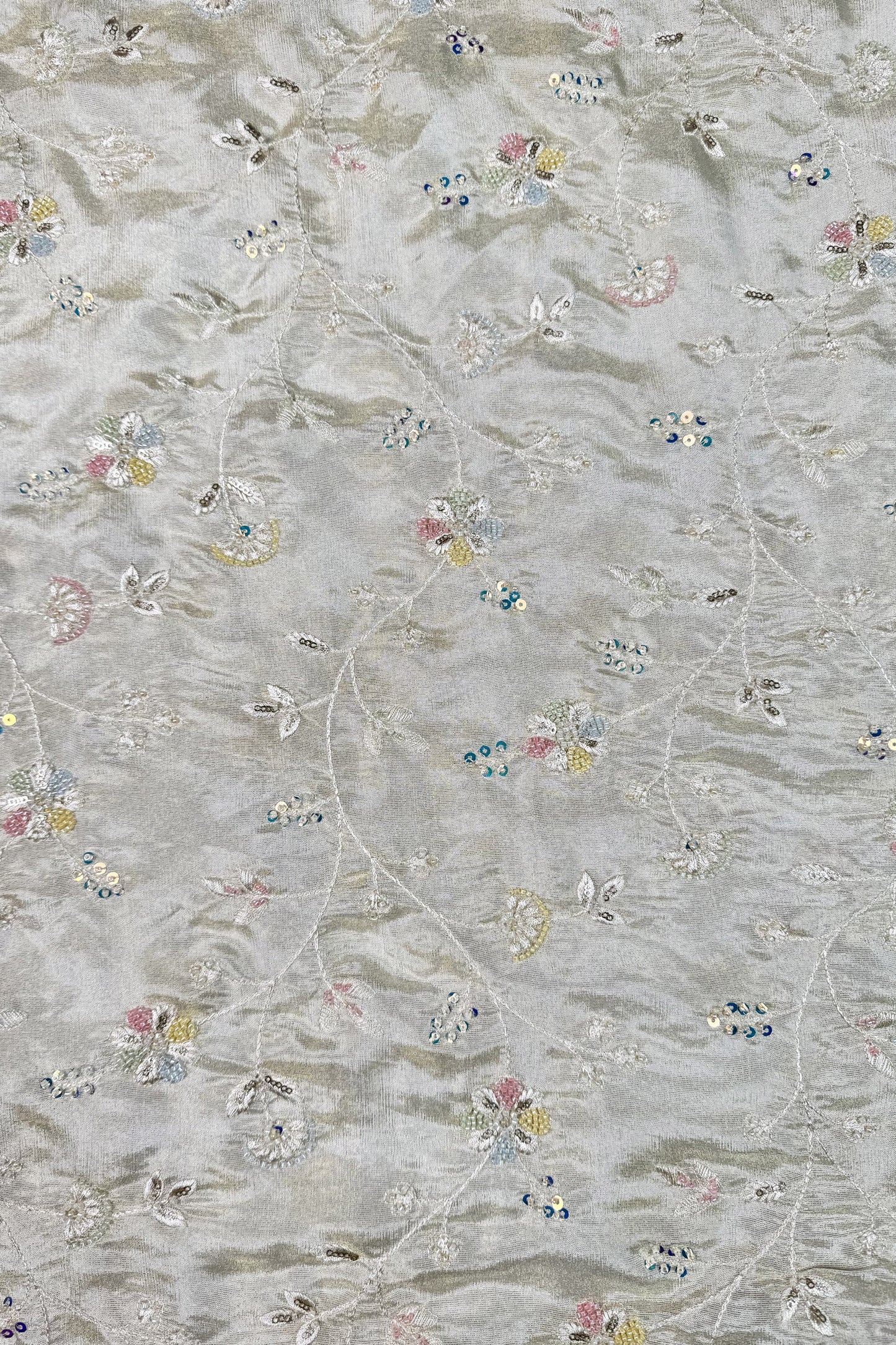 Pastel Vine Embroidered Tissue Fabric with Sequins & Beads