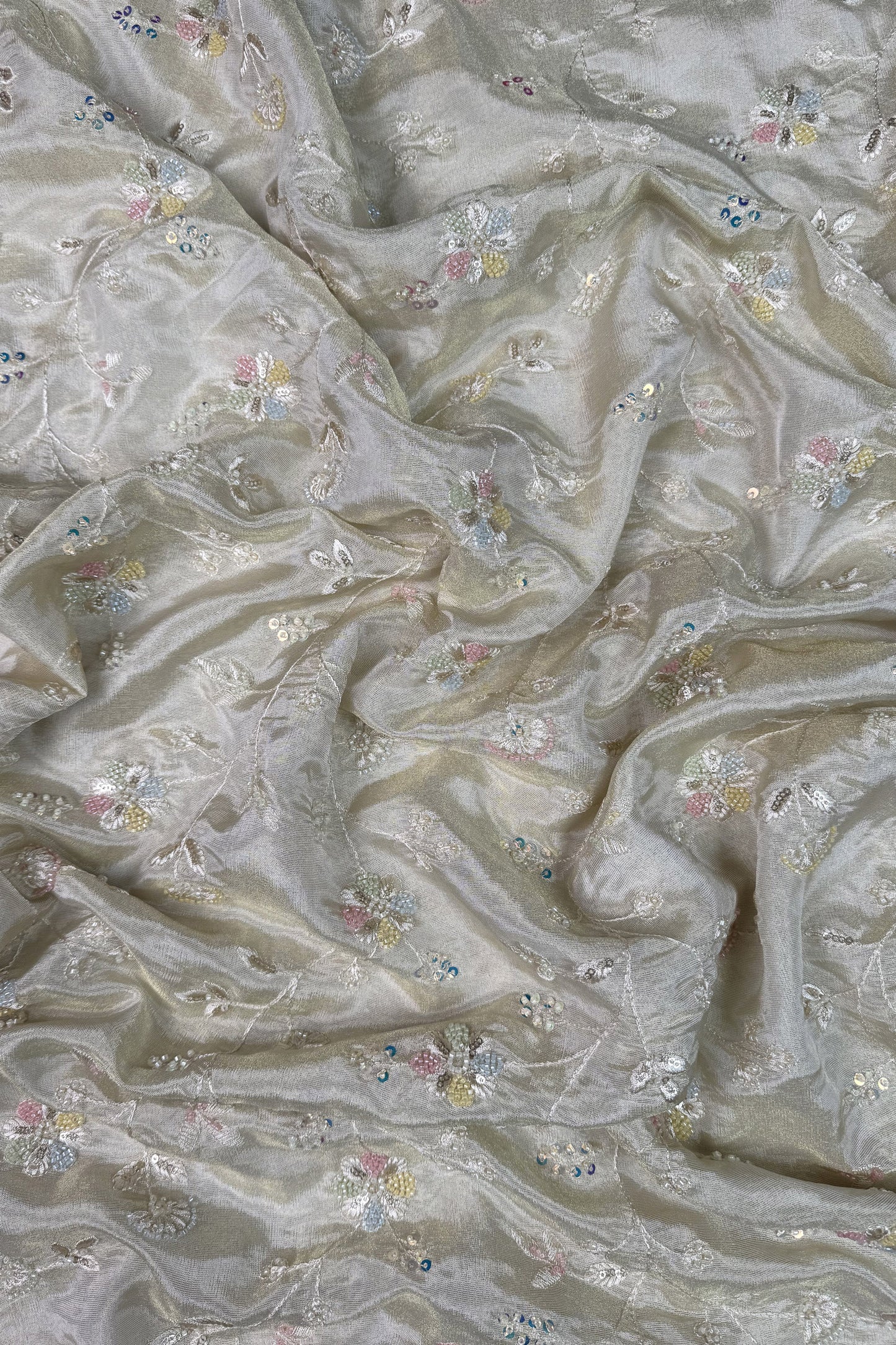 Pastel Vine Embroidered Tissue Fabric with Sequins & Beads