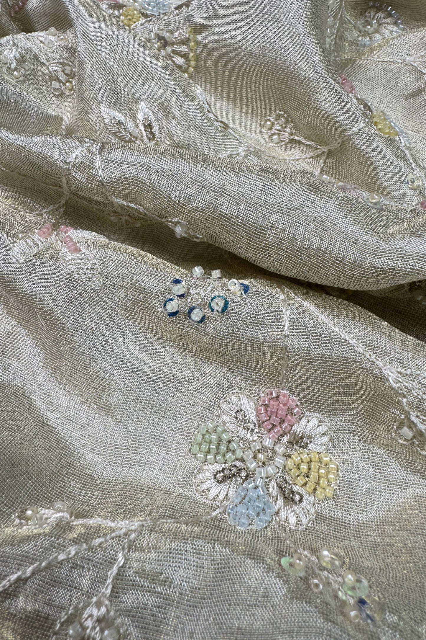 Pastel Vine Embroidered Tissue Fabric with Sequins & Beads