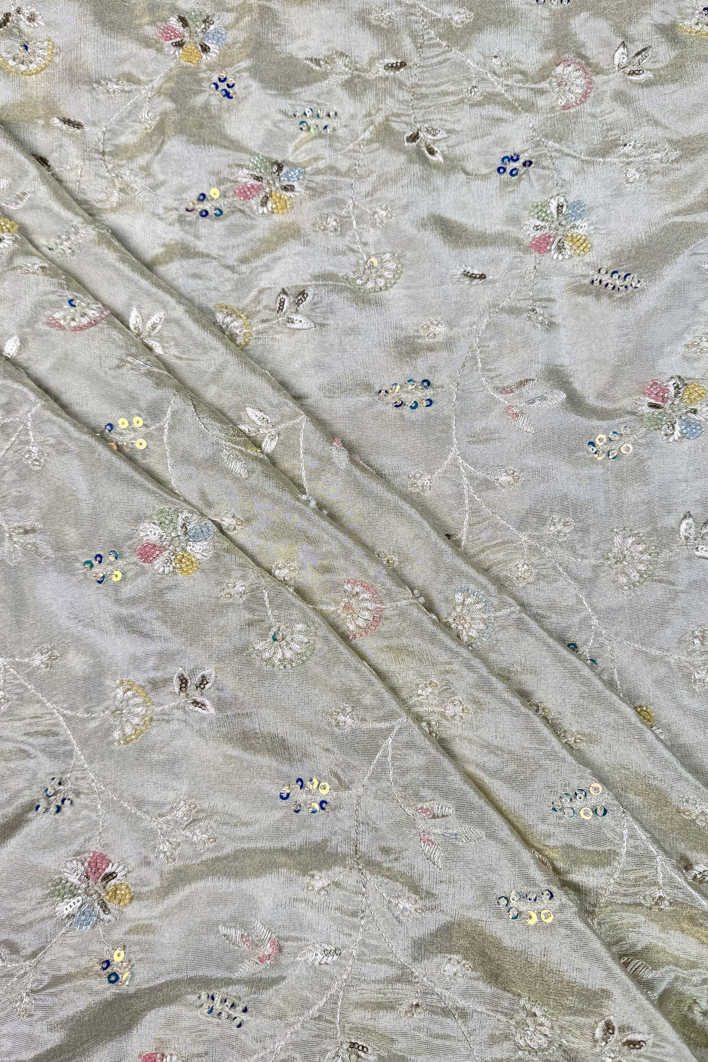 Pastel Vine Embroidered Tissue Fabric with Sequins & Beads