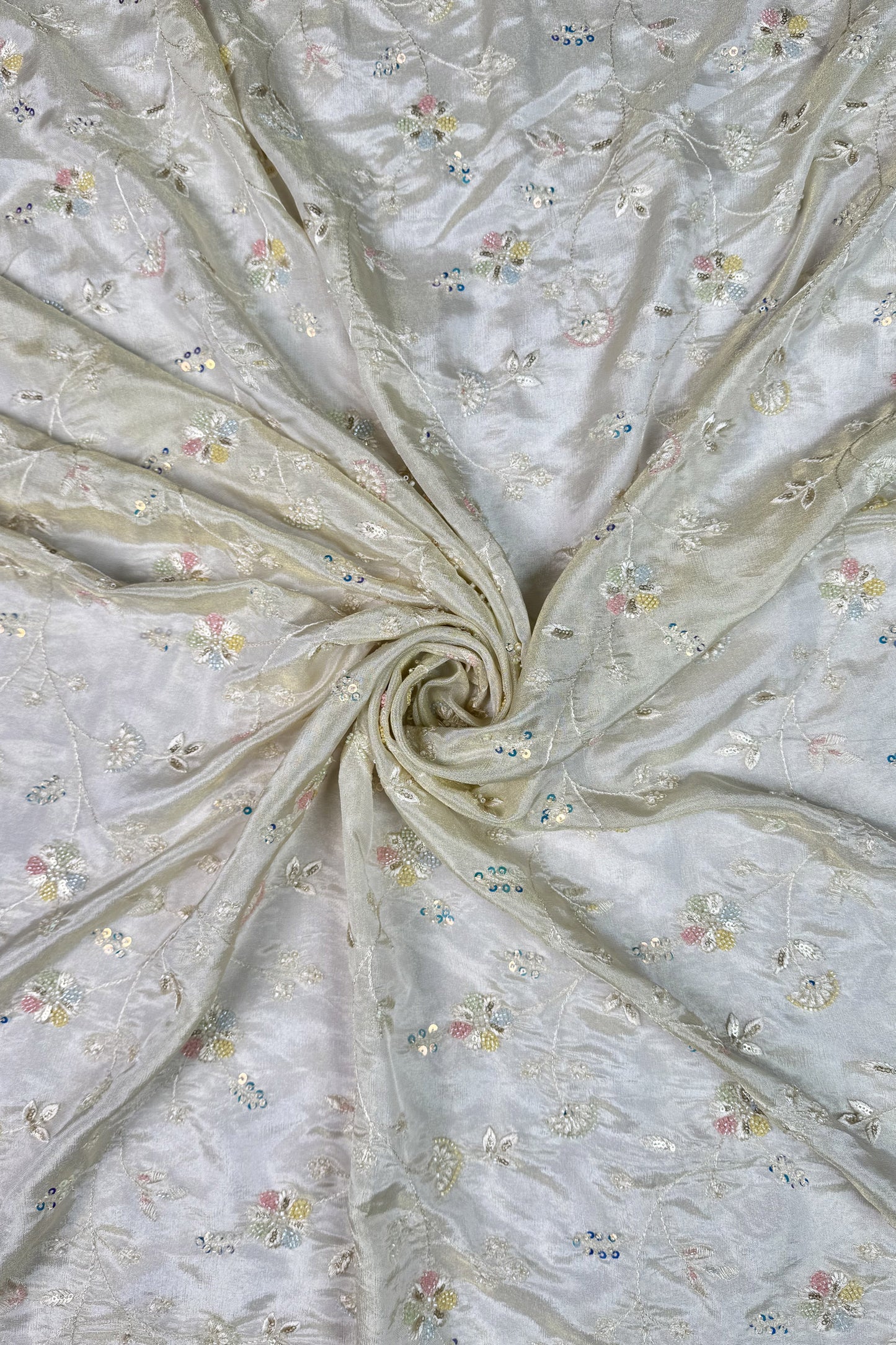 Pastel Vine Embroidered Tissue Fabric with Sequins & Beads