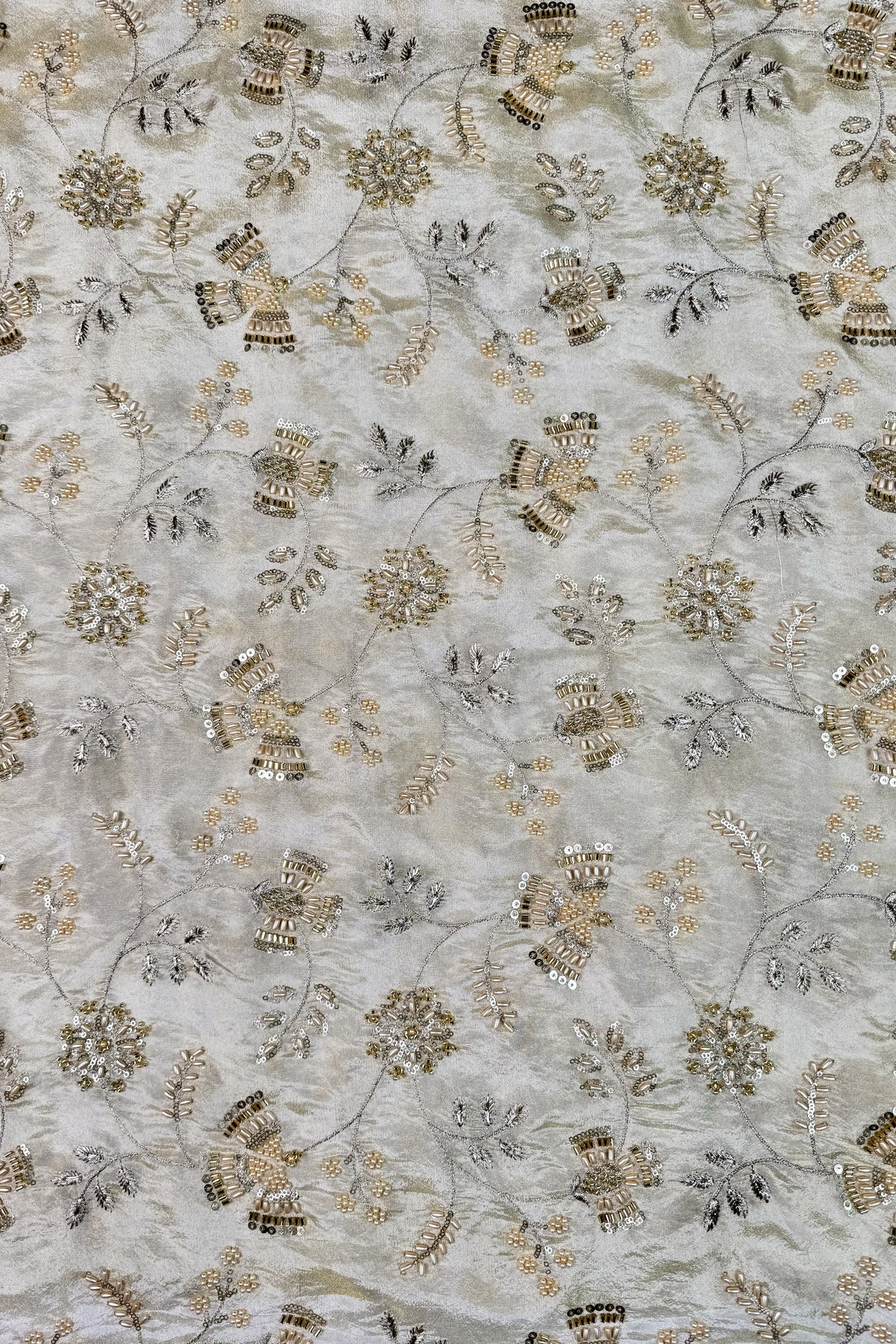 Champagne Gold Floral Beaded & Sequin Embroidered Tissue Fabric