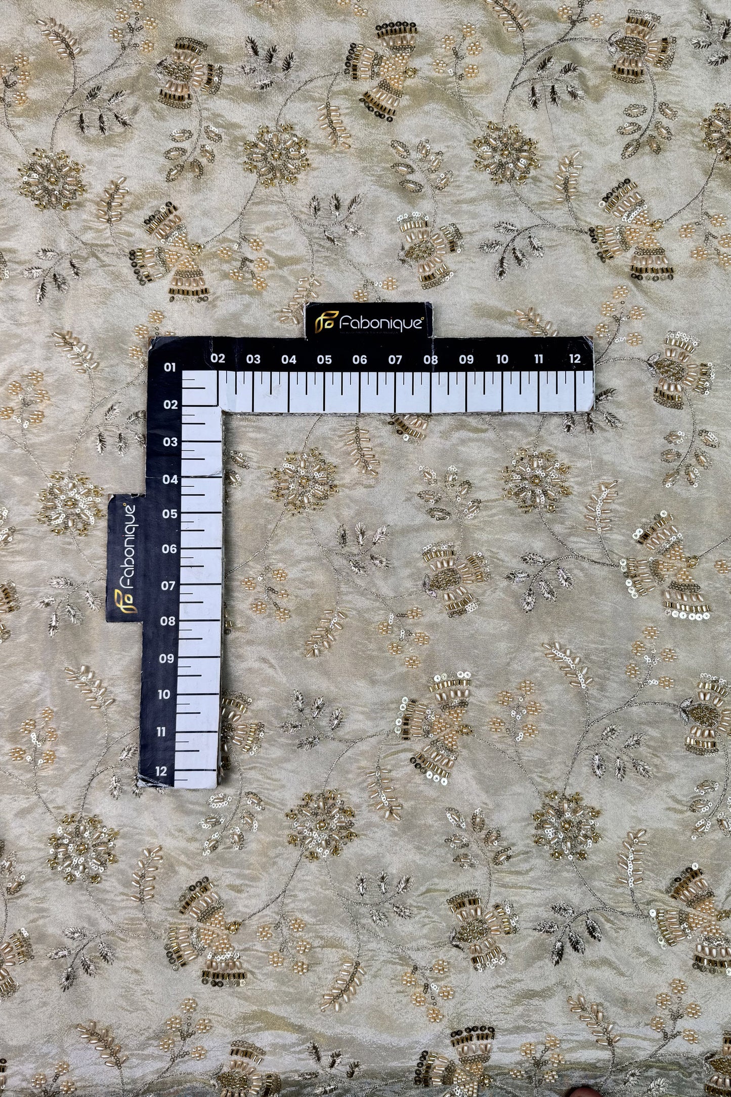 Champagne Gold Floral Beaded & Sequin Embroidered Tissue Fabric