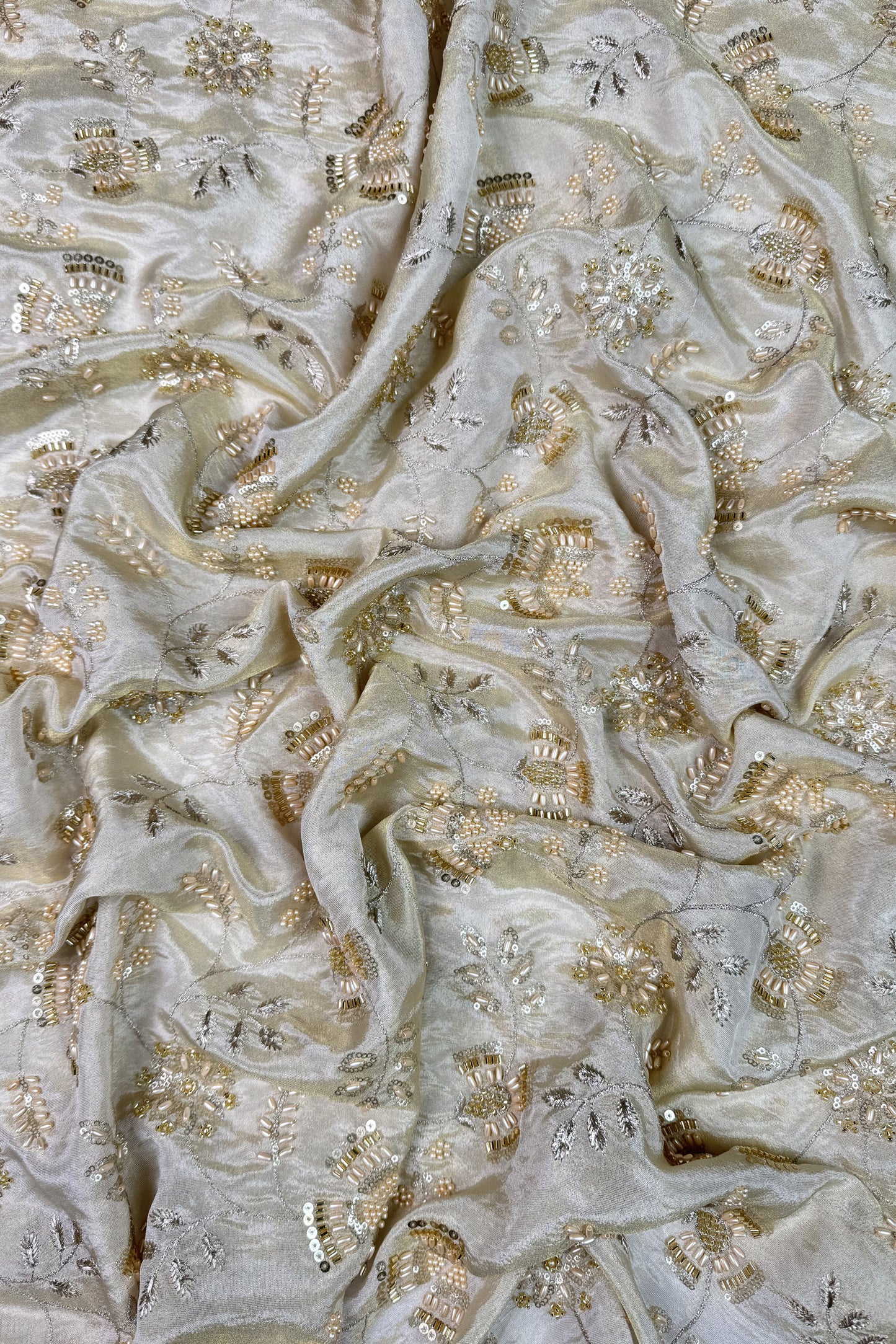 Champagne Gold Floral Beaded & Sequin Embroidered Tissue Fabric