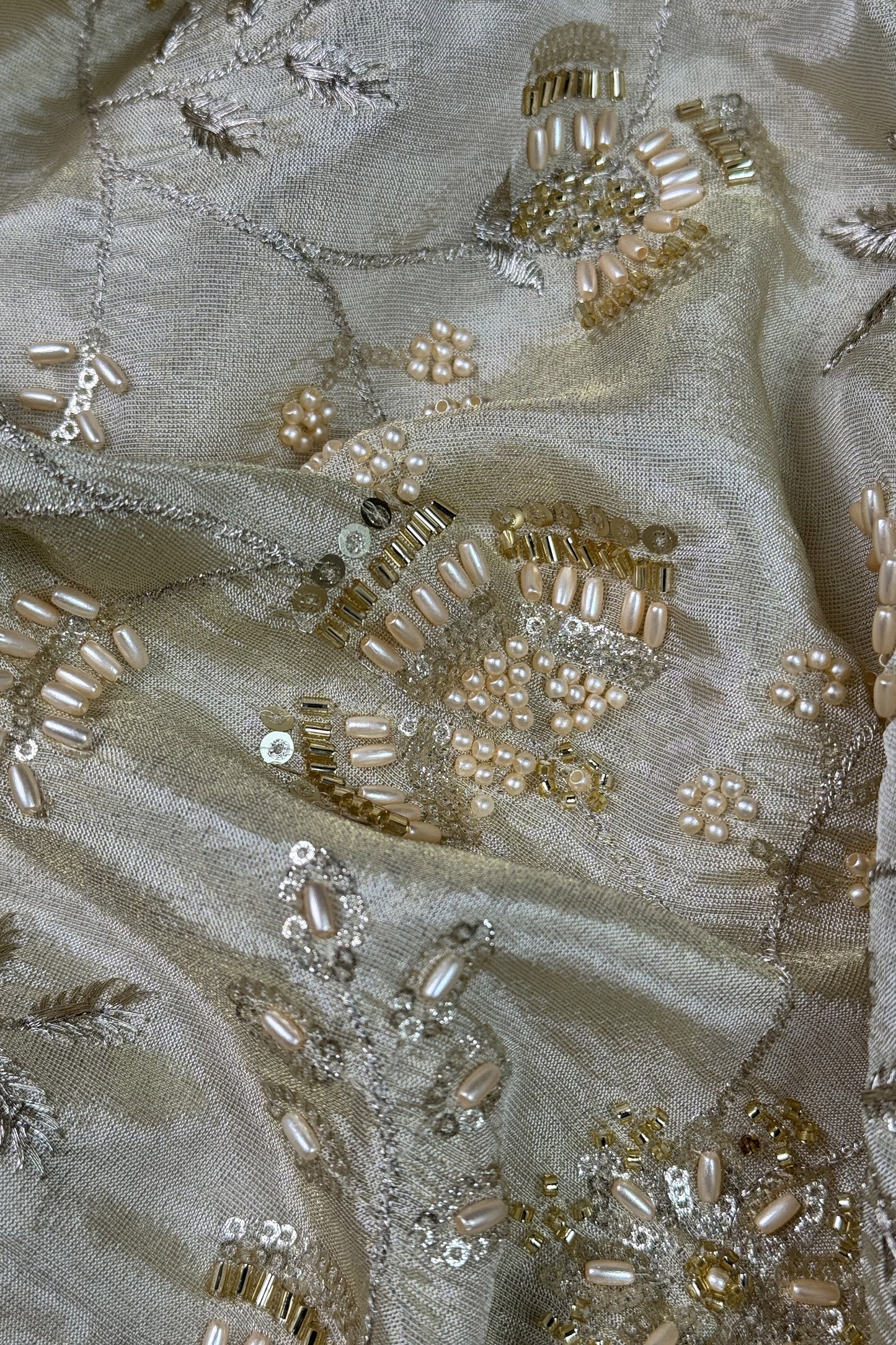 Champagne Gold Floral Beaded & Sequin Embroidered Tissue Fabric