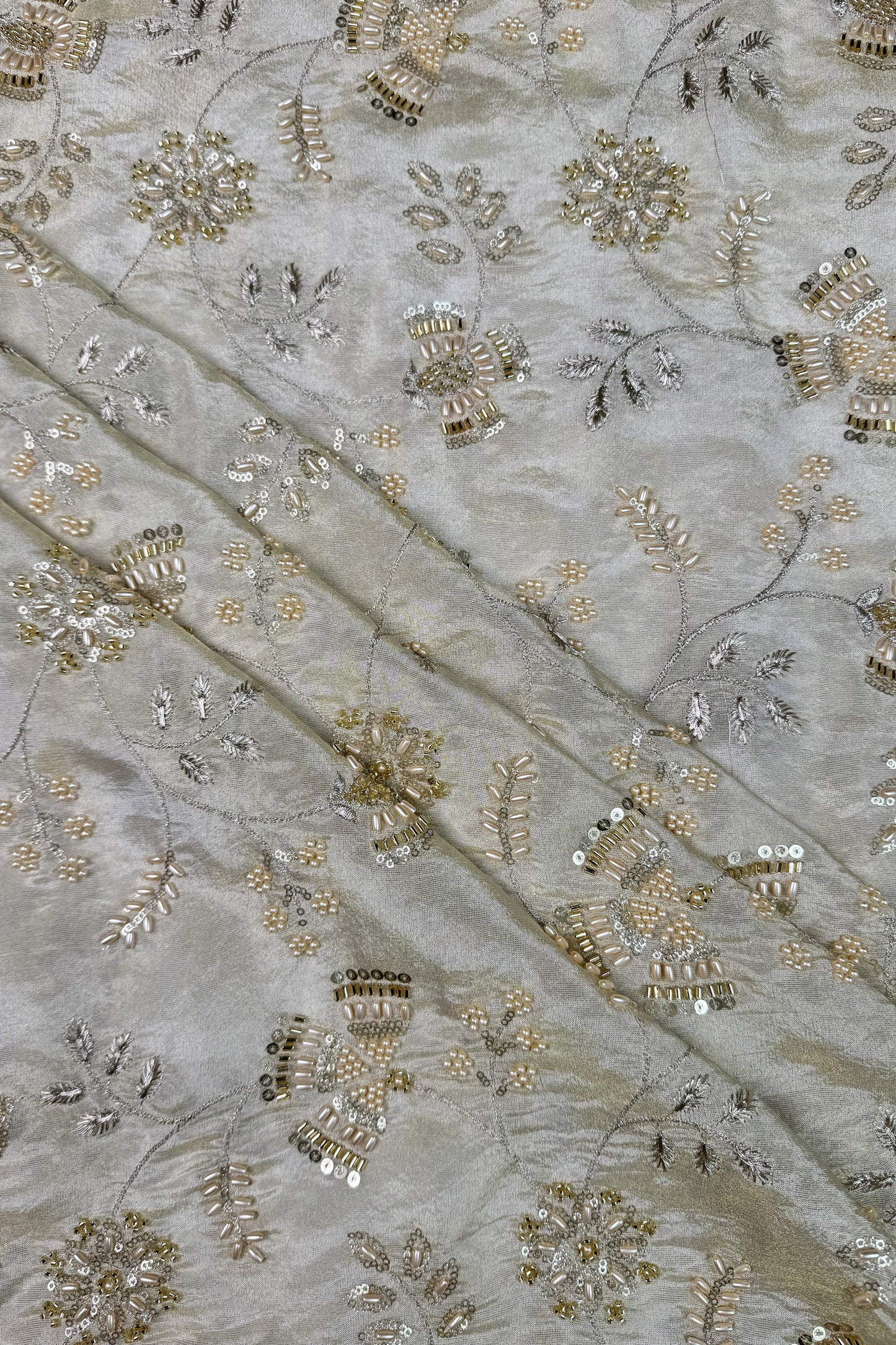 Champagne Gold Floral Beaded & Sequin Embroidered Tissue Fabric