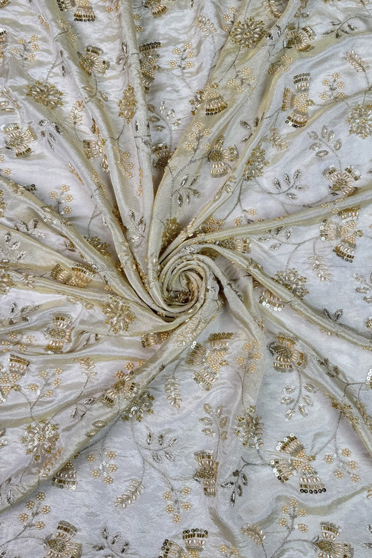 Champagne Gold Floral Beaded & Sequin Embroidered Tissue Fabric