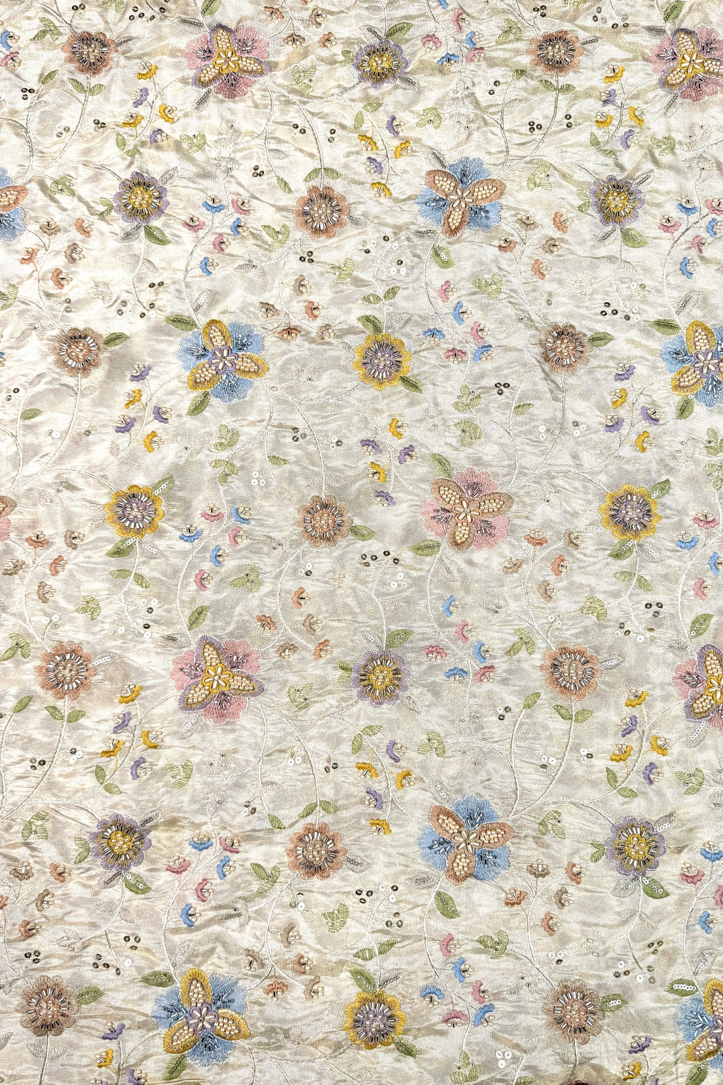 Pastel Floral Embroidered Tissue Fabric with Sequins & Beads