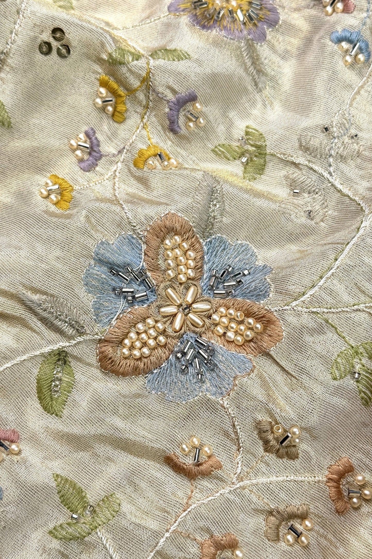 Pastel Floral Embroidered Tissue Fabric with Sequins & Beads