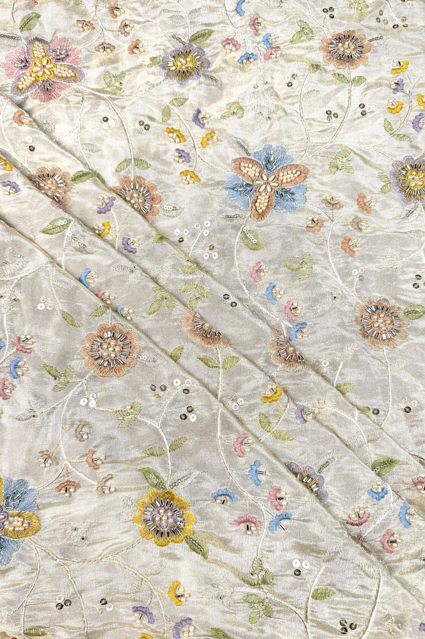 Pastel Floral Embroidered Tissue Fabric with Sequins & Beads