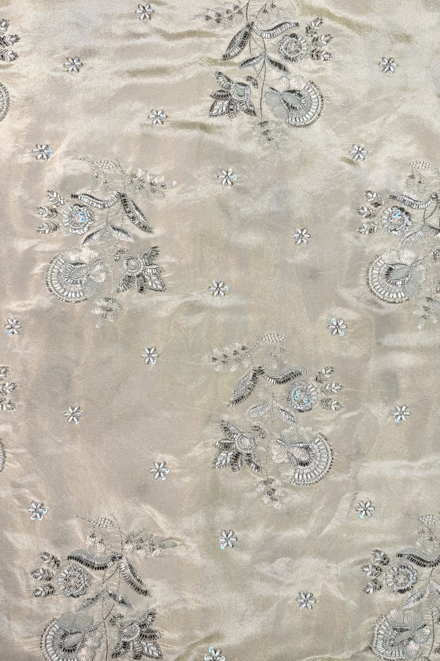 Champagne Gold Floral Hand-Embroidered Tissue Fabric with Sequins and Beads