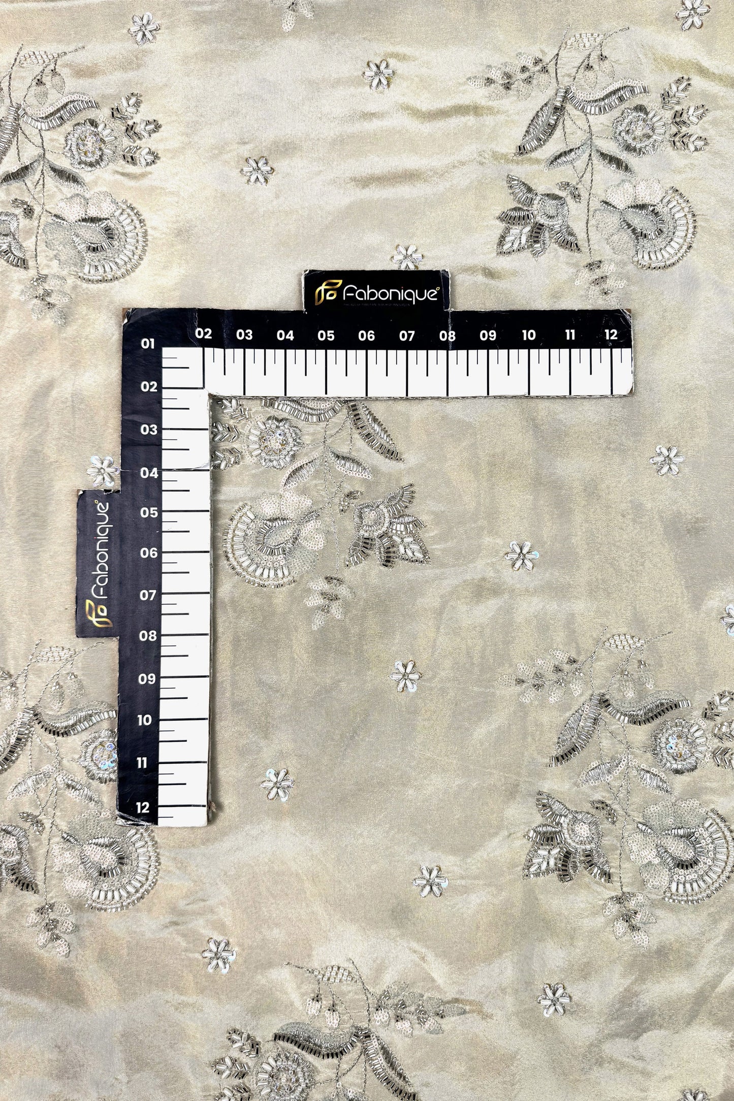 Champagne Gold Floral Hand-Embroidered Tissue Fabric with Sequins and Beads