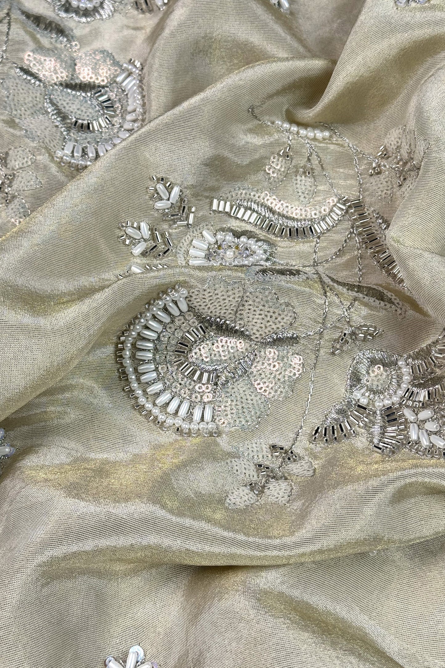 Champagne Gold Floral Hand-Embroidered Tissue Fabric with Sequins and Beads