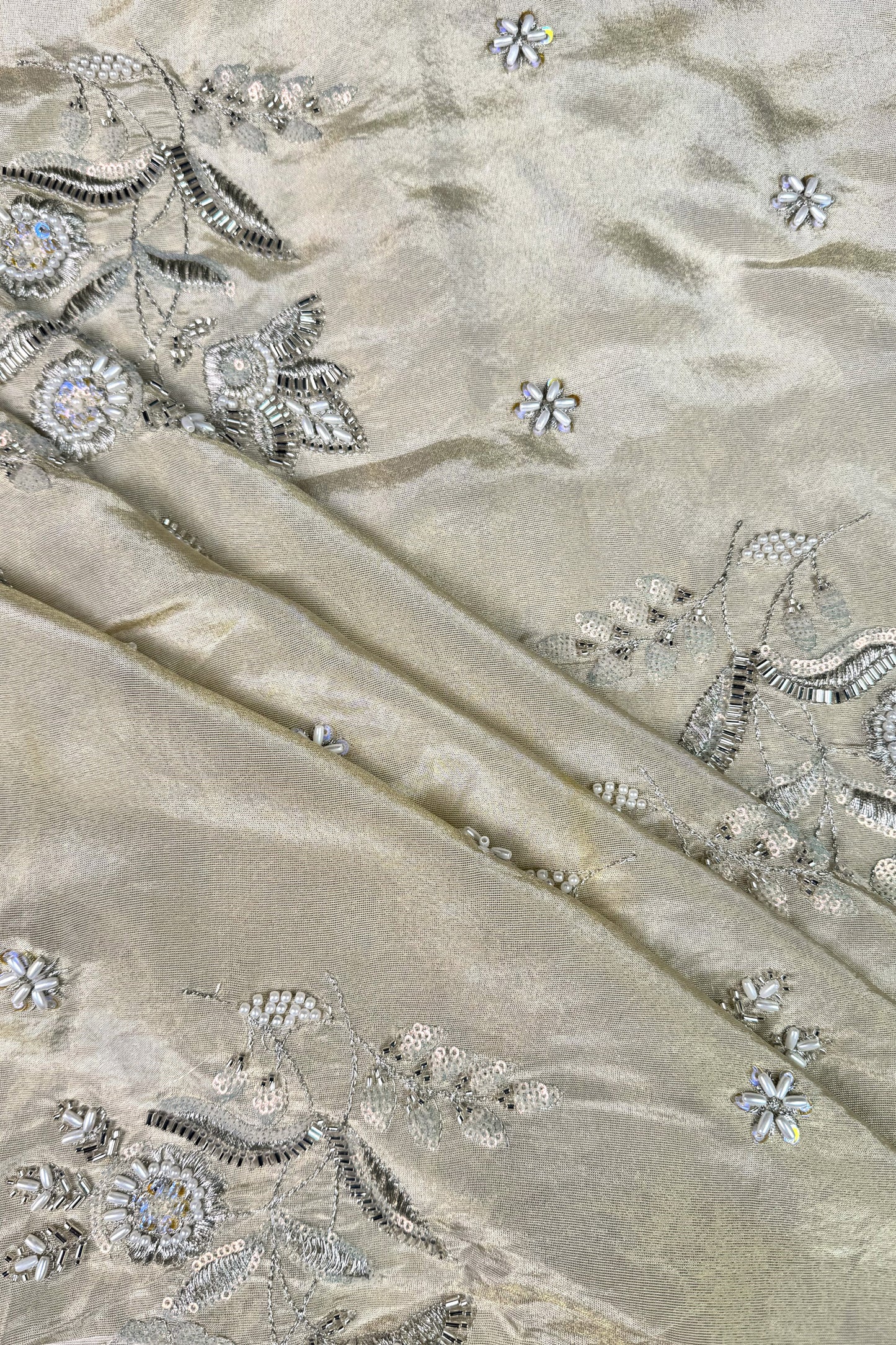 Champagne Gold Floral Hand-Embroidered Tissue Fabric with Sequins and Beads
