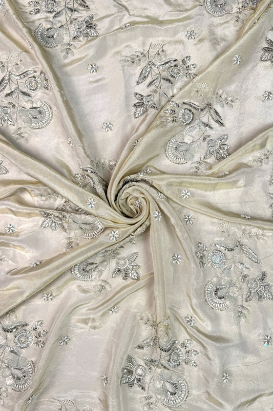 Champagne Gold Floral Hand-Embroidered Tissue Fabric with Sequins and Beads