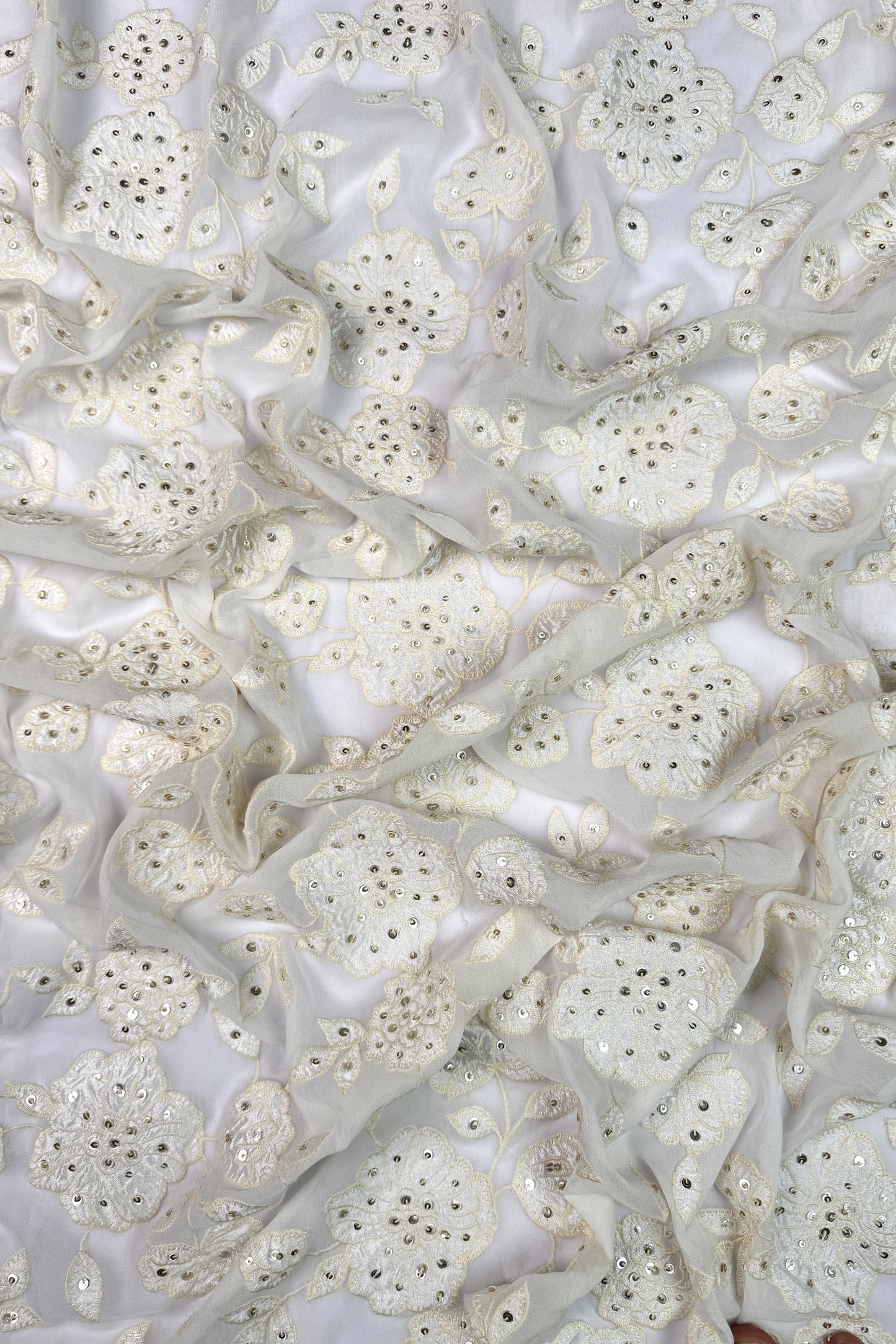 Ivory Floral Sequin Embroidered Viscose Georgette Fabric