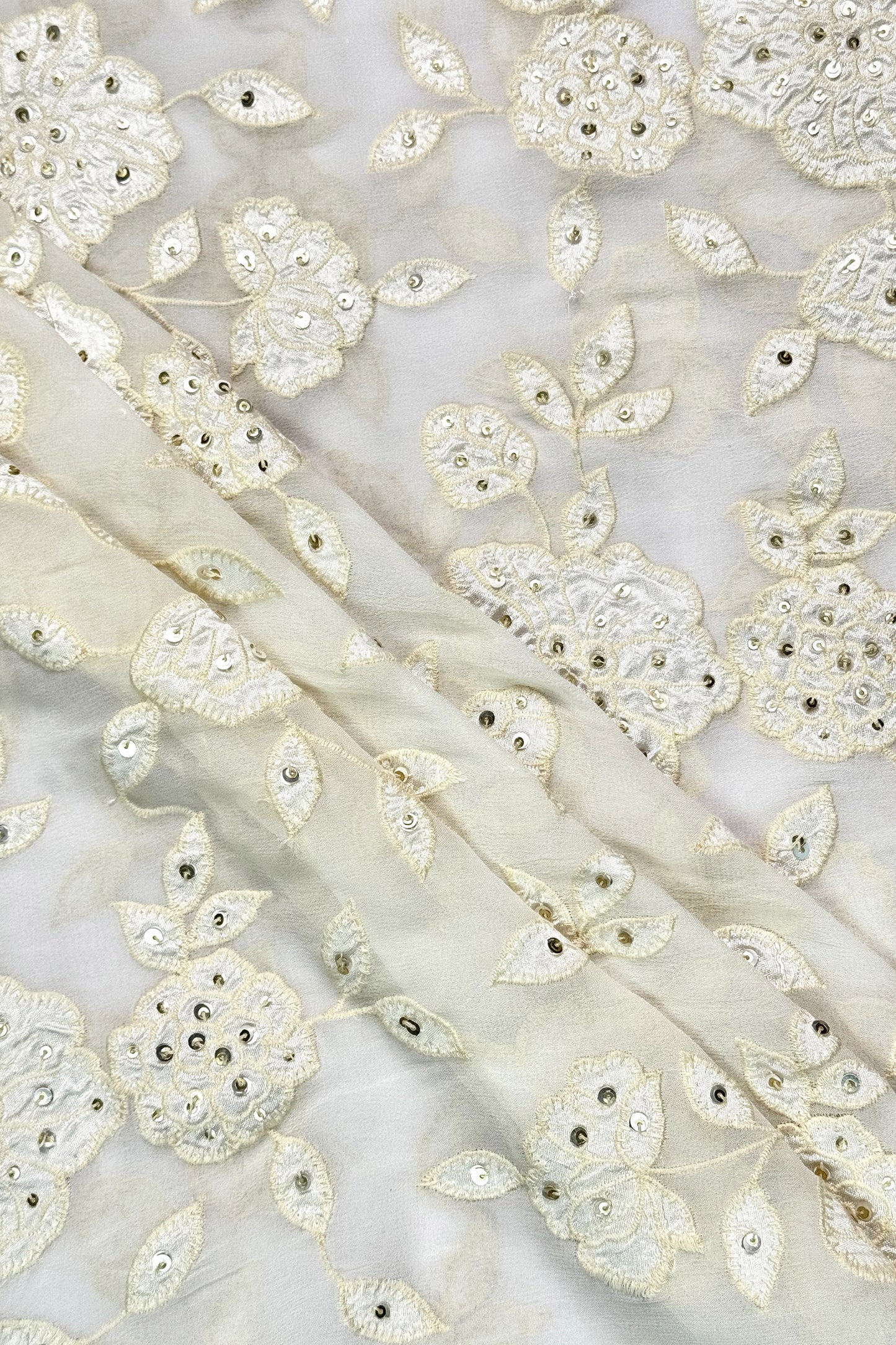 Ivory Floral Sequin Embroidered Viscose Georgette Fabric
