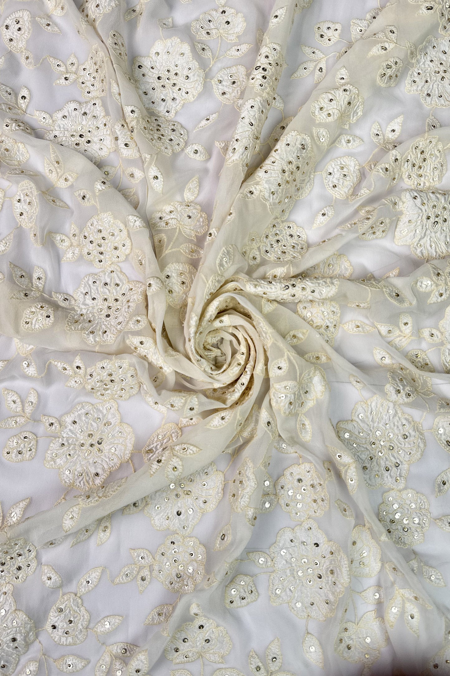Ivory Floral Sequin Embroidered Viscose Georgette Fabric