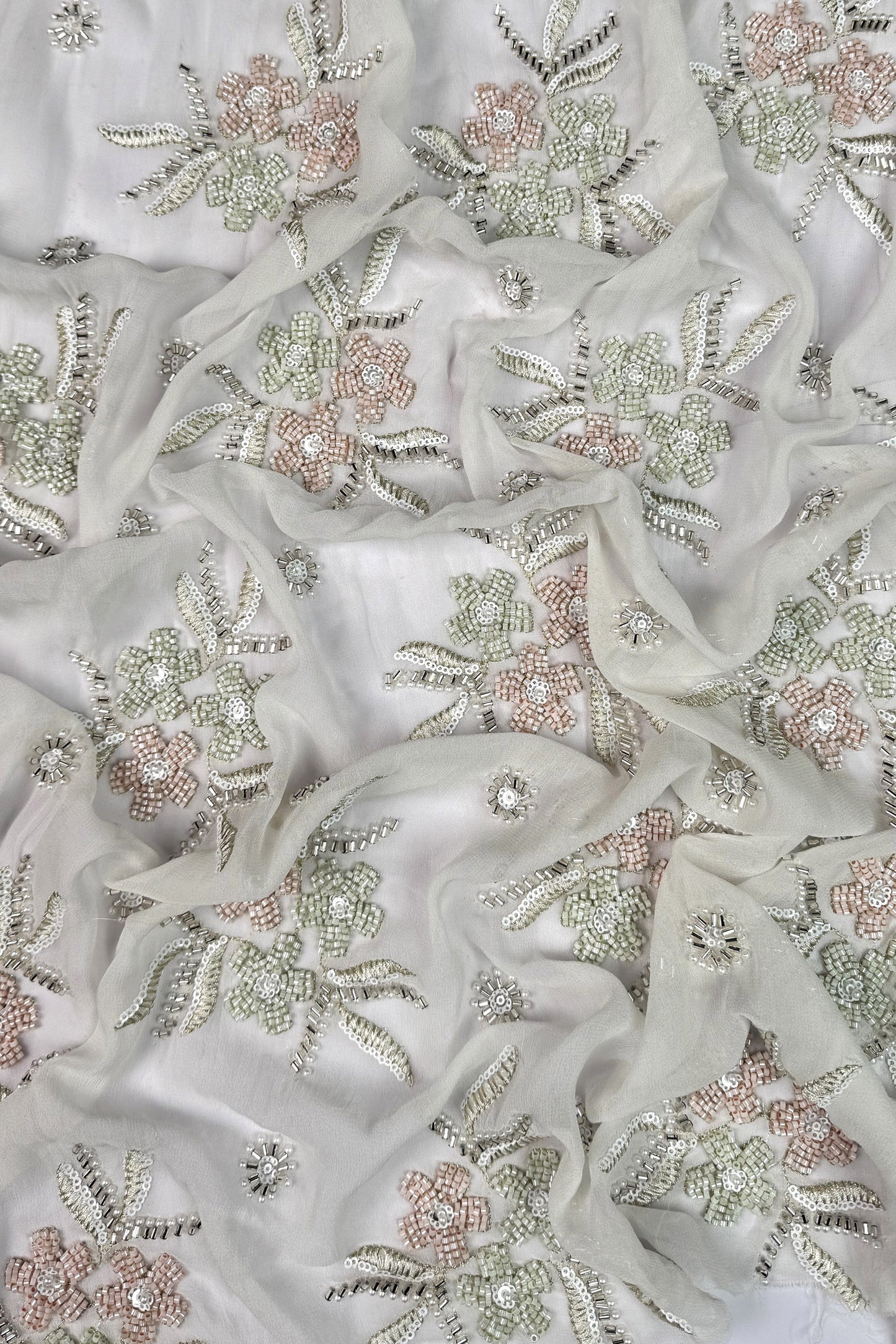 Pastel Floral Hand-Embroidered Viscose Georgette Fabric
