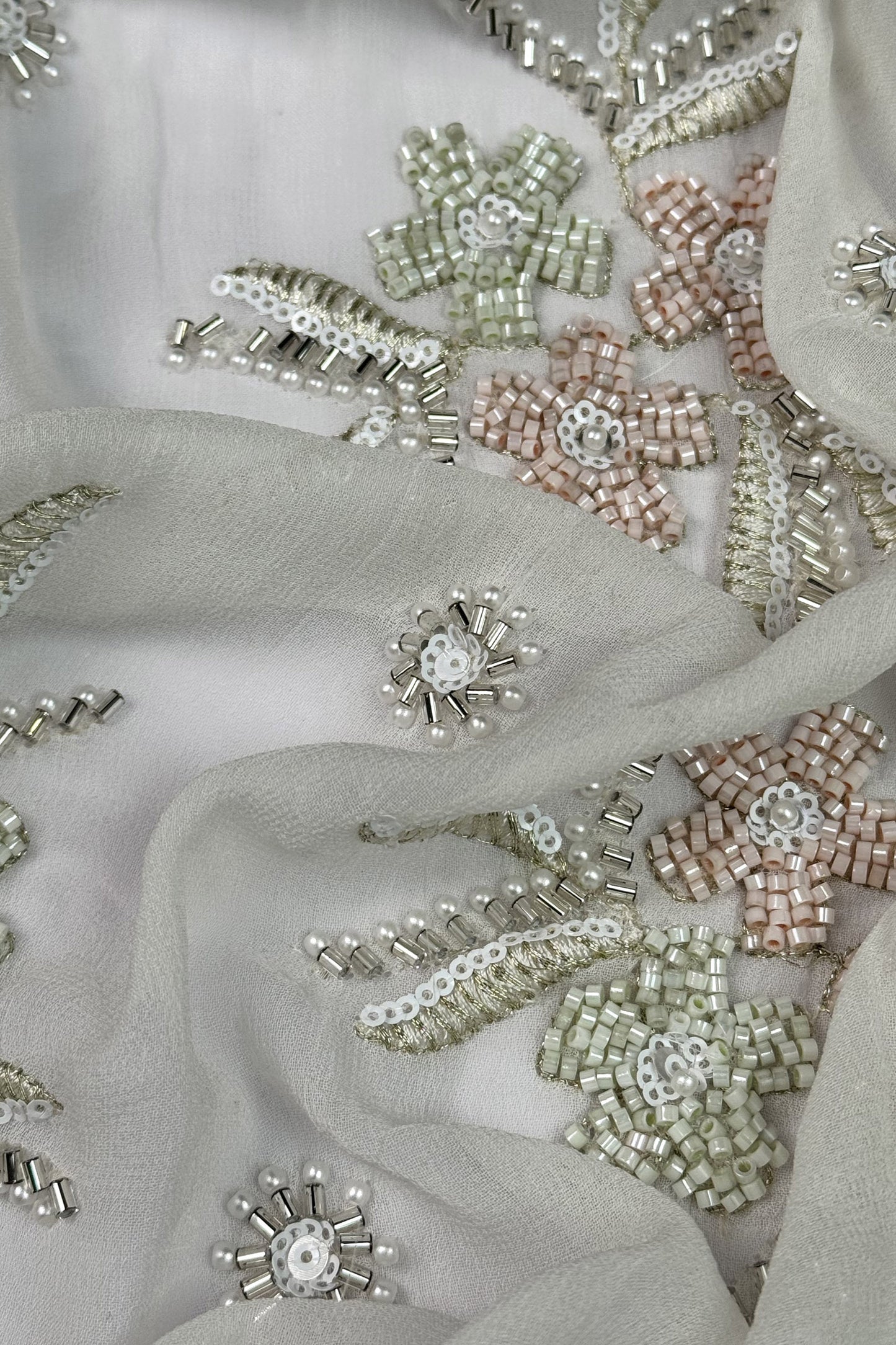 Pastel Floral Hand-Embroidered Viscose Georgette Fabric
