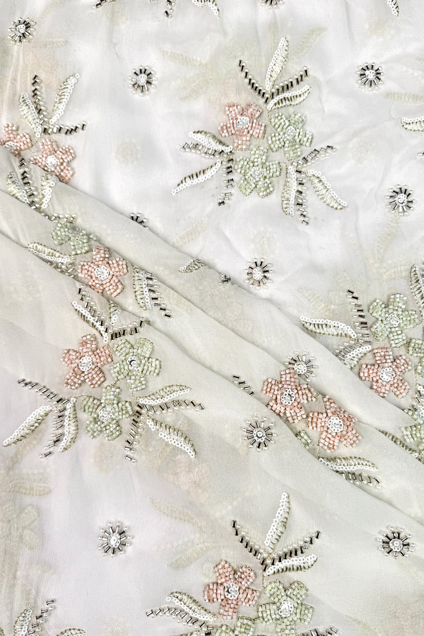 Pastel Floral Hand-Embroidered Viscose Georgette Fabric