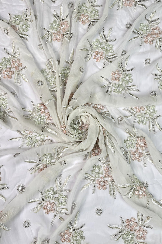 Pastel Floral Hand-Embroidered Viscose Georgette Fabric