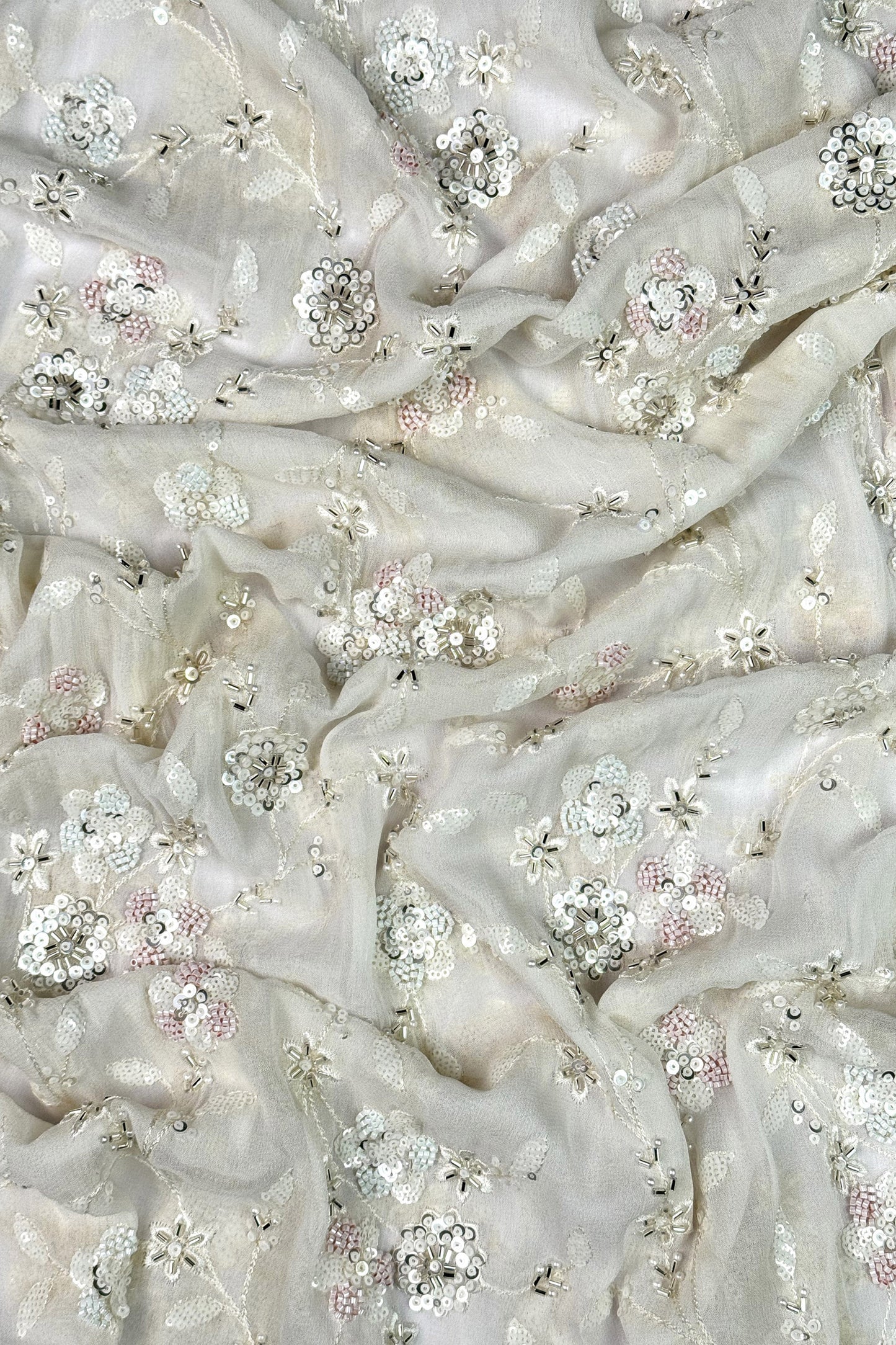 Ivory Sequin & Bead Embroidered Viscose Georgette Fabric